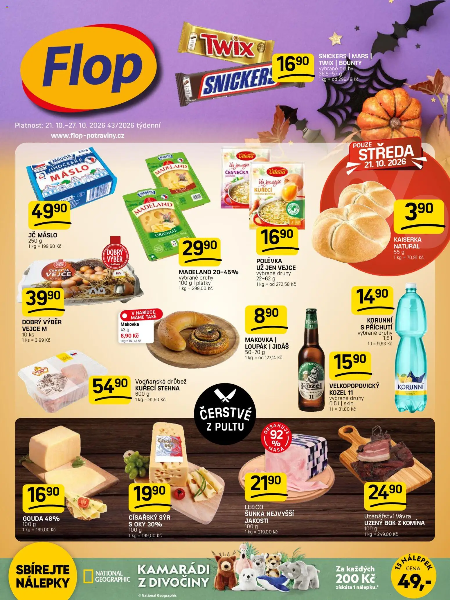 Flop leták od 21.10.2026 | Strana: 1 | Produkty: Drůbež, Šunka, Kozel, Vejce M