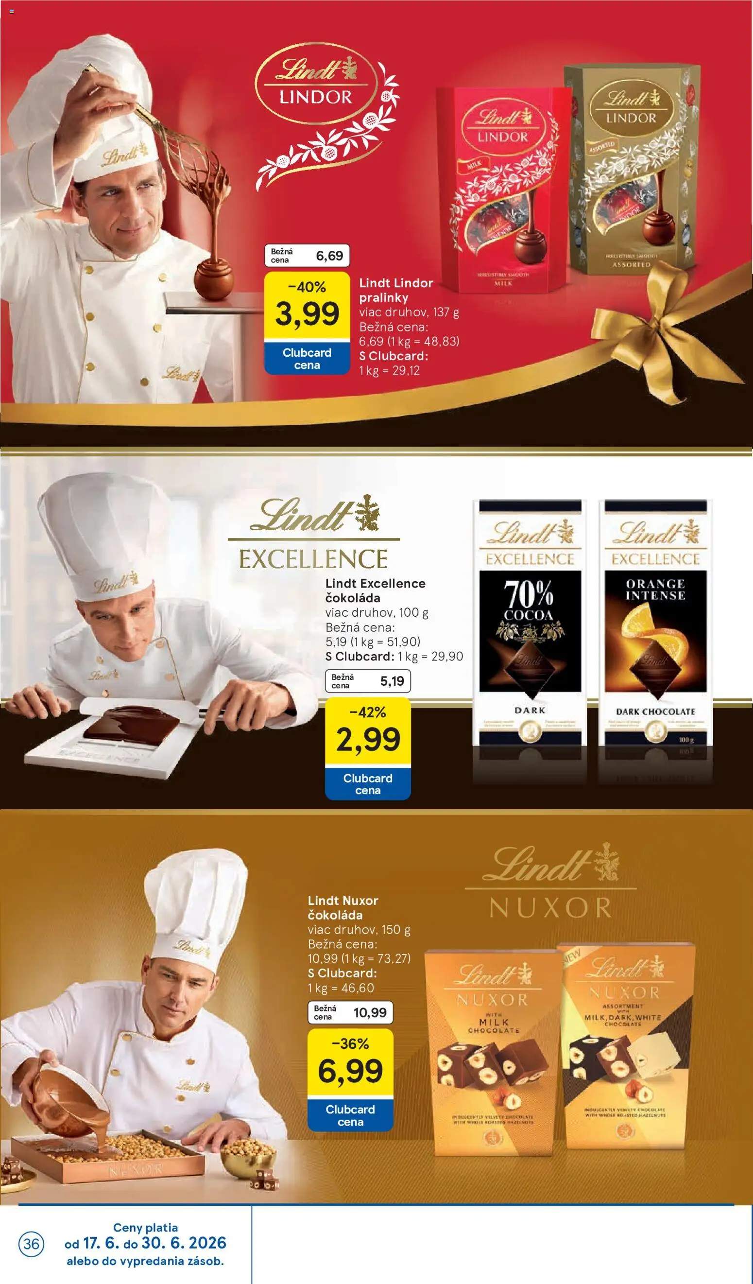 Nové Tesco akcie – leták je platný od 17.06.2026 | Strana: 36 | Produkty: Lindor, Lindt, Čokoláda