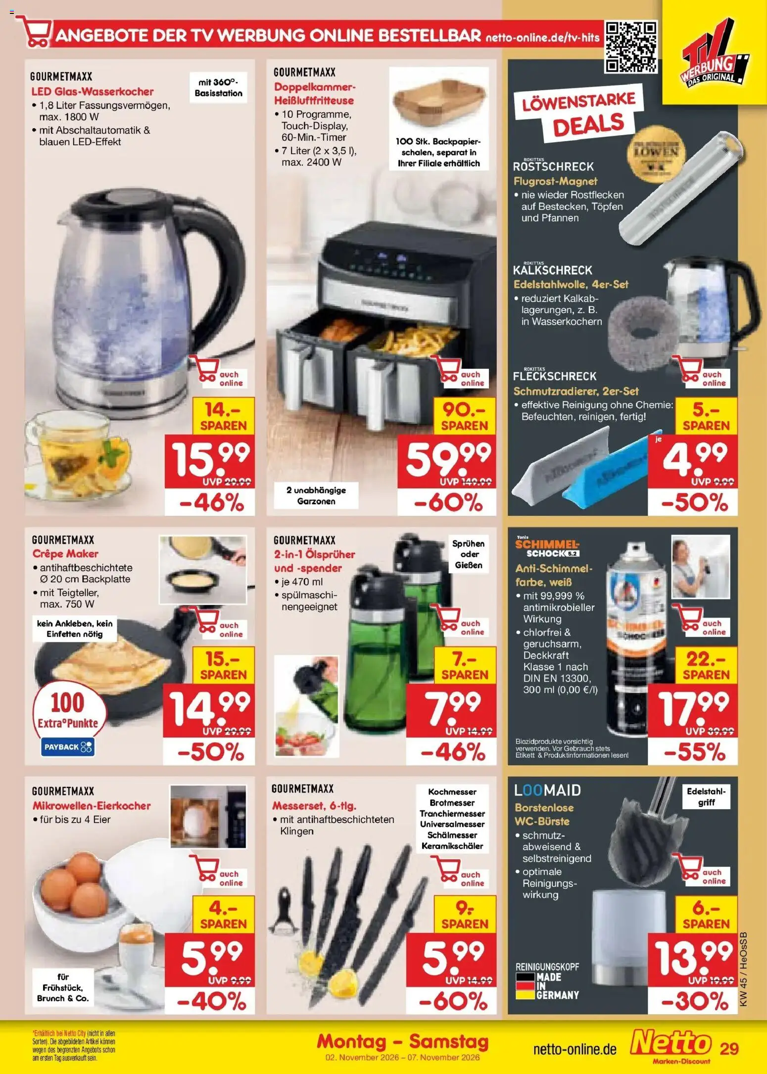 Netto Marken-Discount Prospekt Rostock (ab 02.11.2026) » Angebote | Seite: 45 | Produkte: Eier, Heißluftfritteuse, TV