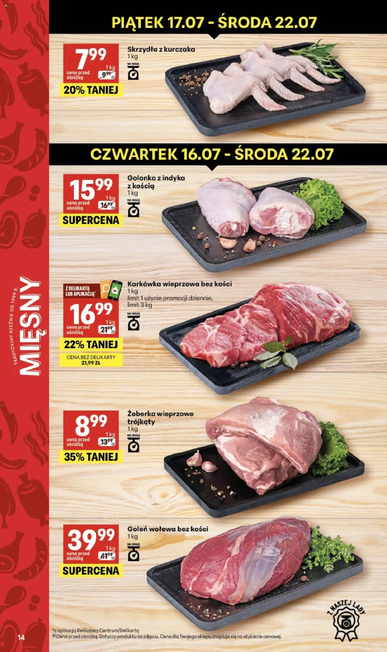 Delikatesy Centrum gazetka od 16.07.2026 | Strona: 14 | Produkty: Żeberka, Żeberka wieprzowe, Karkówka, Karkówka wieprzowa