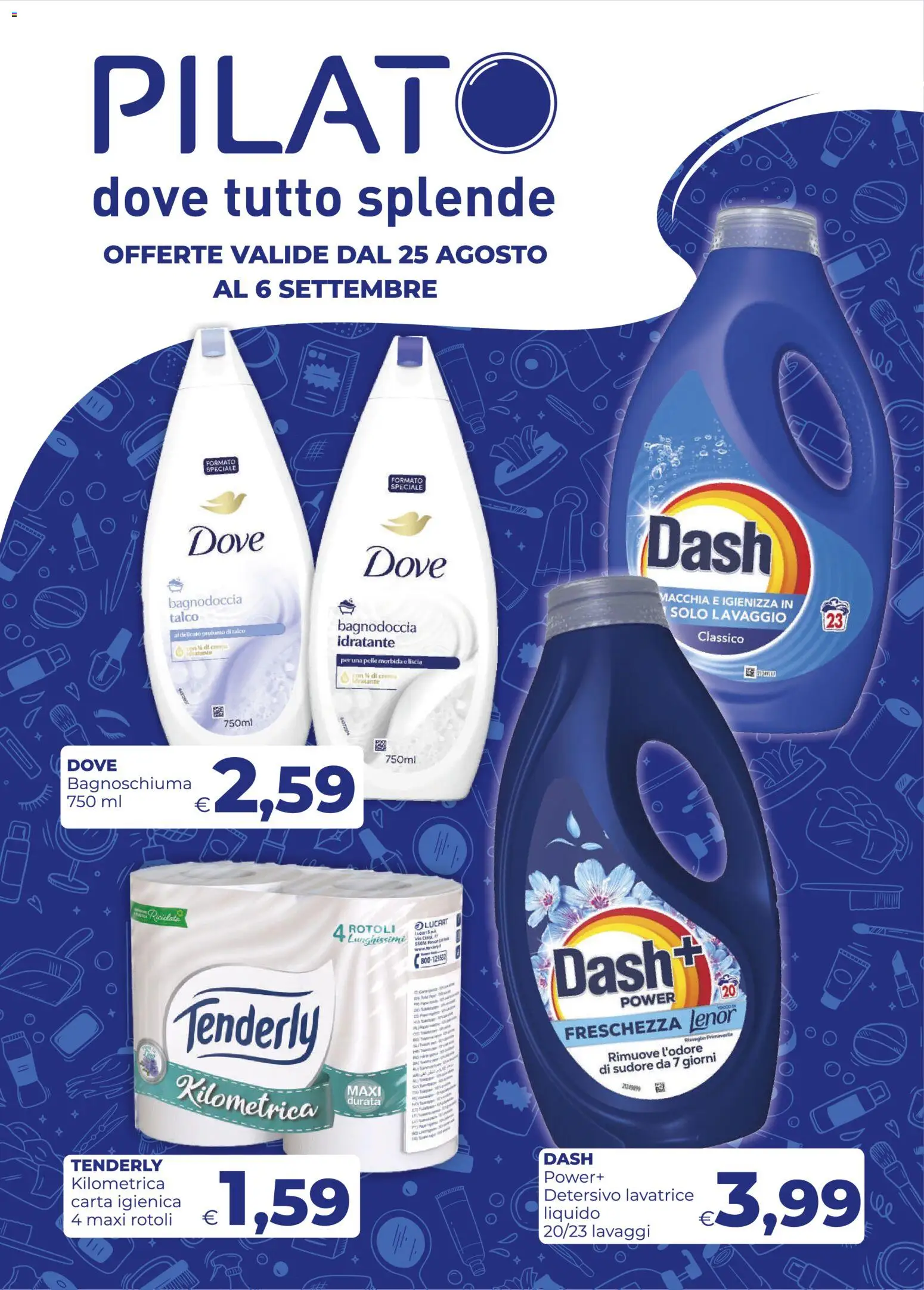 Volantino Pilato del 25/08/2026 | Pagina: 1 | Prodotti: Carta igienica, Talco, Lavatrice, Profumo