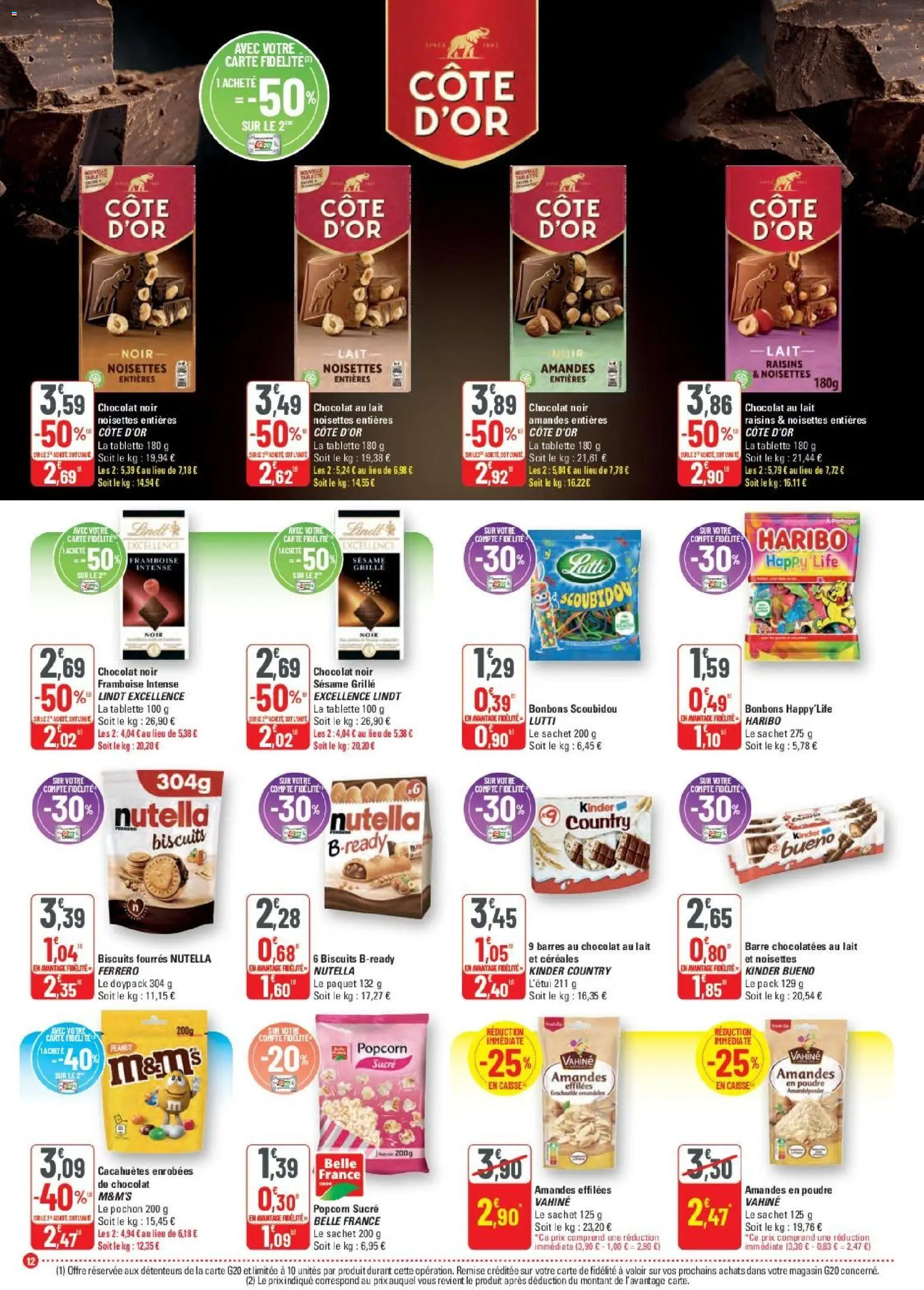 {H1} | Page: 12 | Produits: Amandes effilées, Sésame, Kinder country, Cacahuètes enrobées