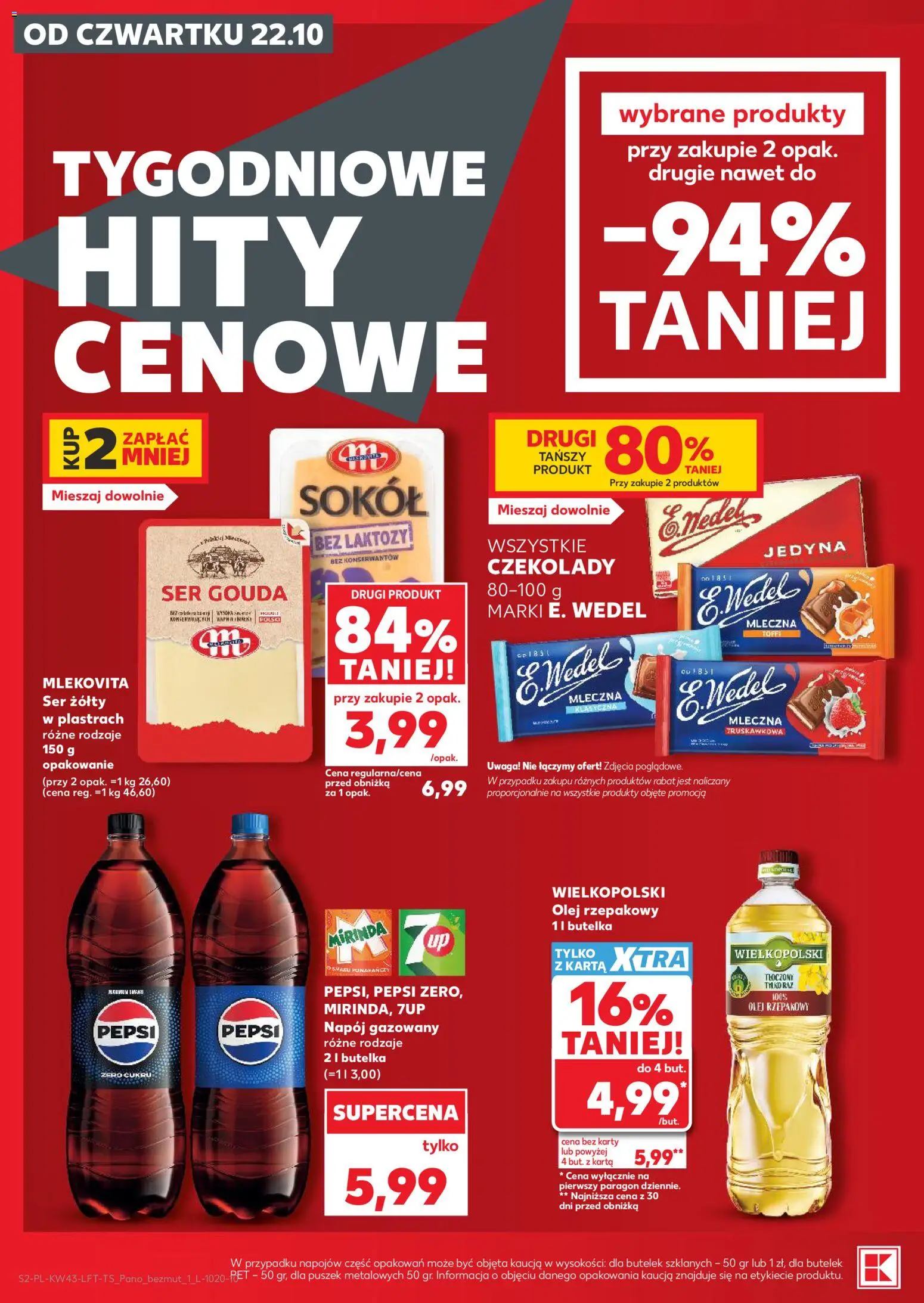Kaufland Polsko leták od 22.10.2026 | Strana: 2 | Produkty: Gouda, Pepsi, Mirinda, Karty