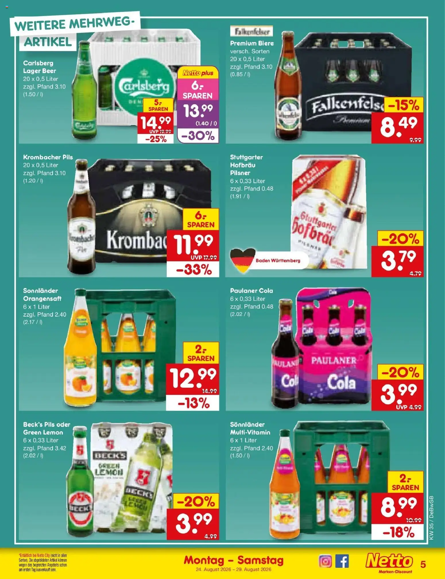 Netto Marken-Discount Prospekt Waiblingen-Bittenfeld – gültig ab 24.08.2026 | Seite: 5 | Produkte: Carlsberg, Cola, Orangensaft, Paulaner