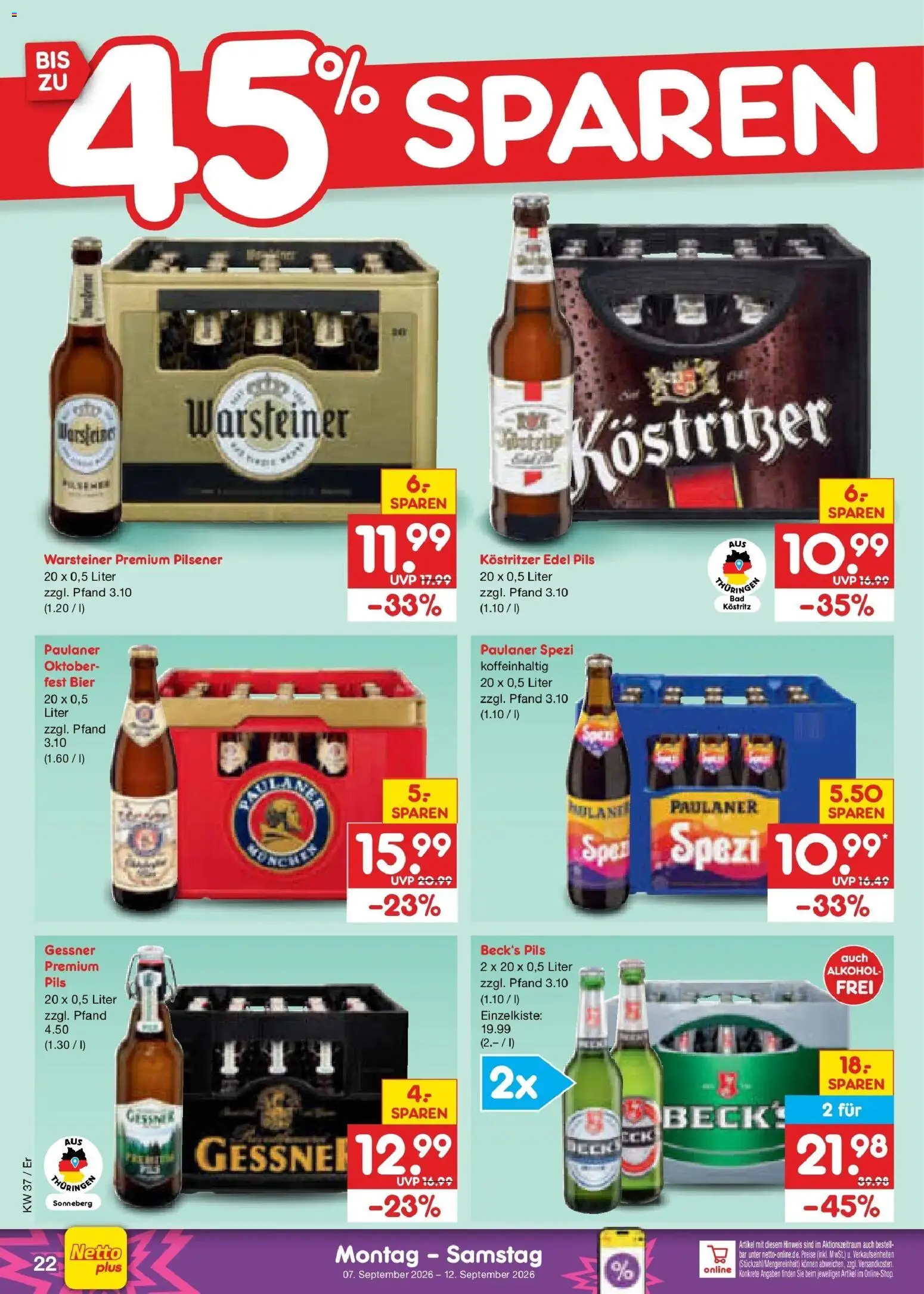 Netto Marken-Discount Prospekt Naumburg – gültig ab 07.09.2026 | Seite: 30 | Produkte: Kostritzer, Bier, Alkohol, Warsteiner