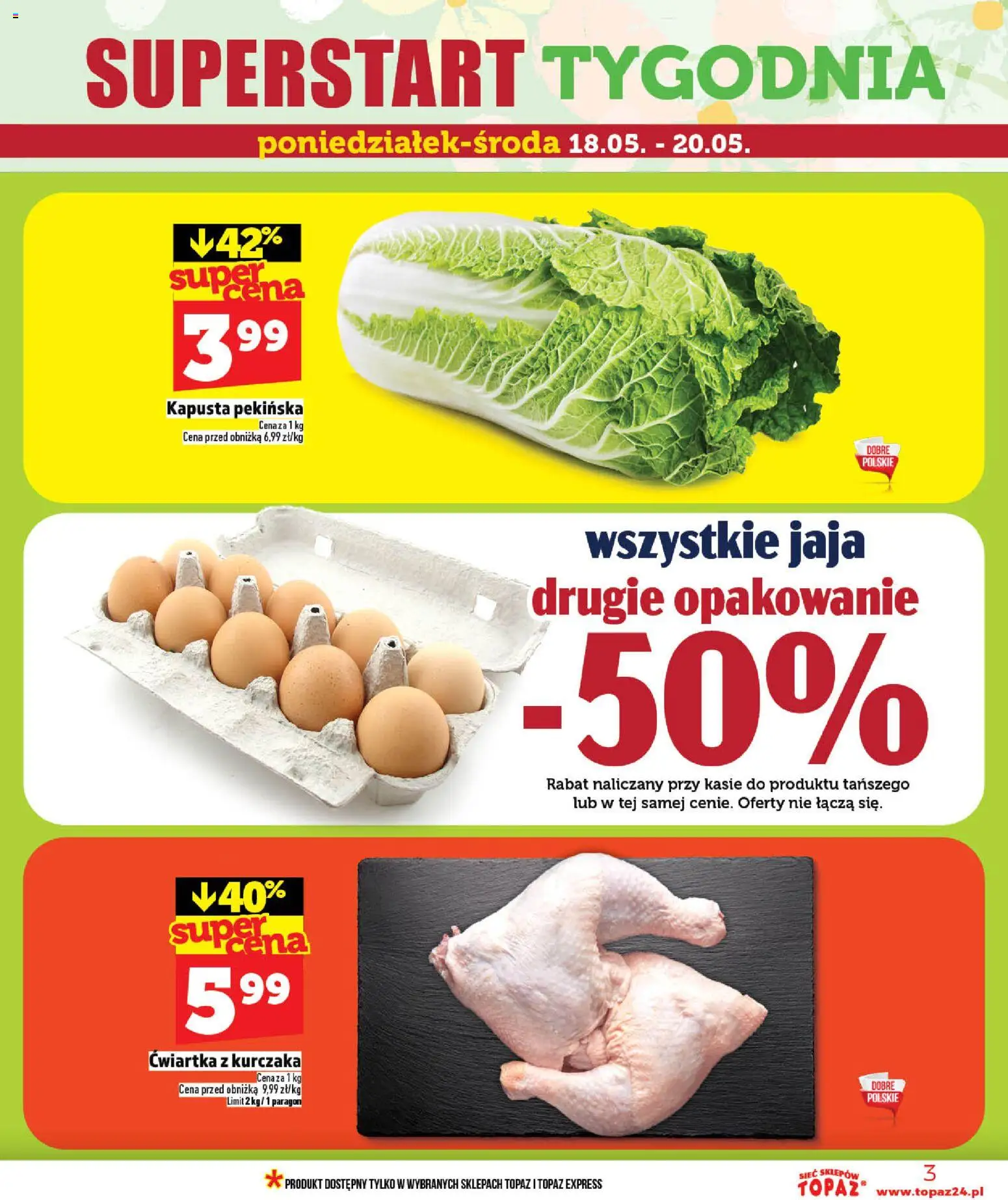 Topaz gazetka - MAZ od 14.05.2026 | Strona: 3 | Produkty: Kapusta, Kapusta pekińska, Ćwiartka z kurczaka, Jaja