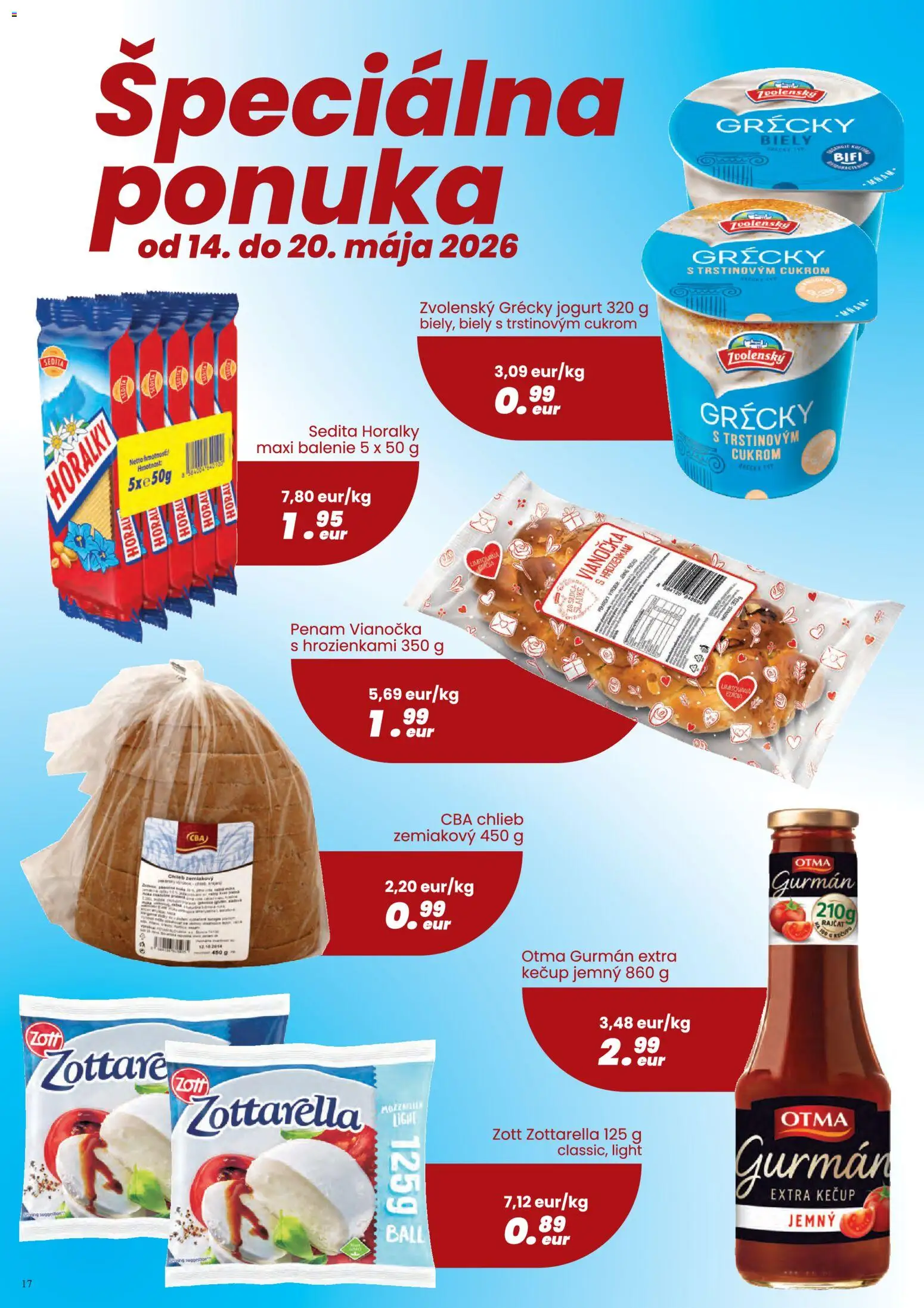 Nové CBA Verex akcie – leták je platný od 07.05.2026 | Strana: 17 | Produkty: Jogurt, Chlieb, Grécky jogurt, Horálky