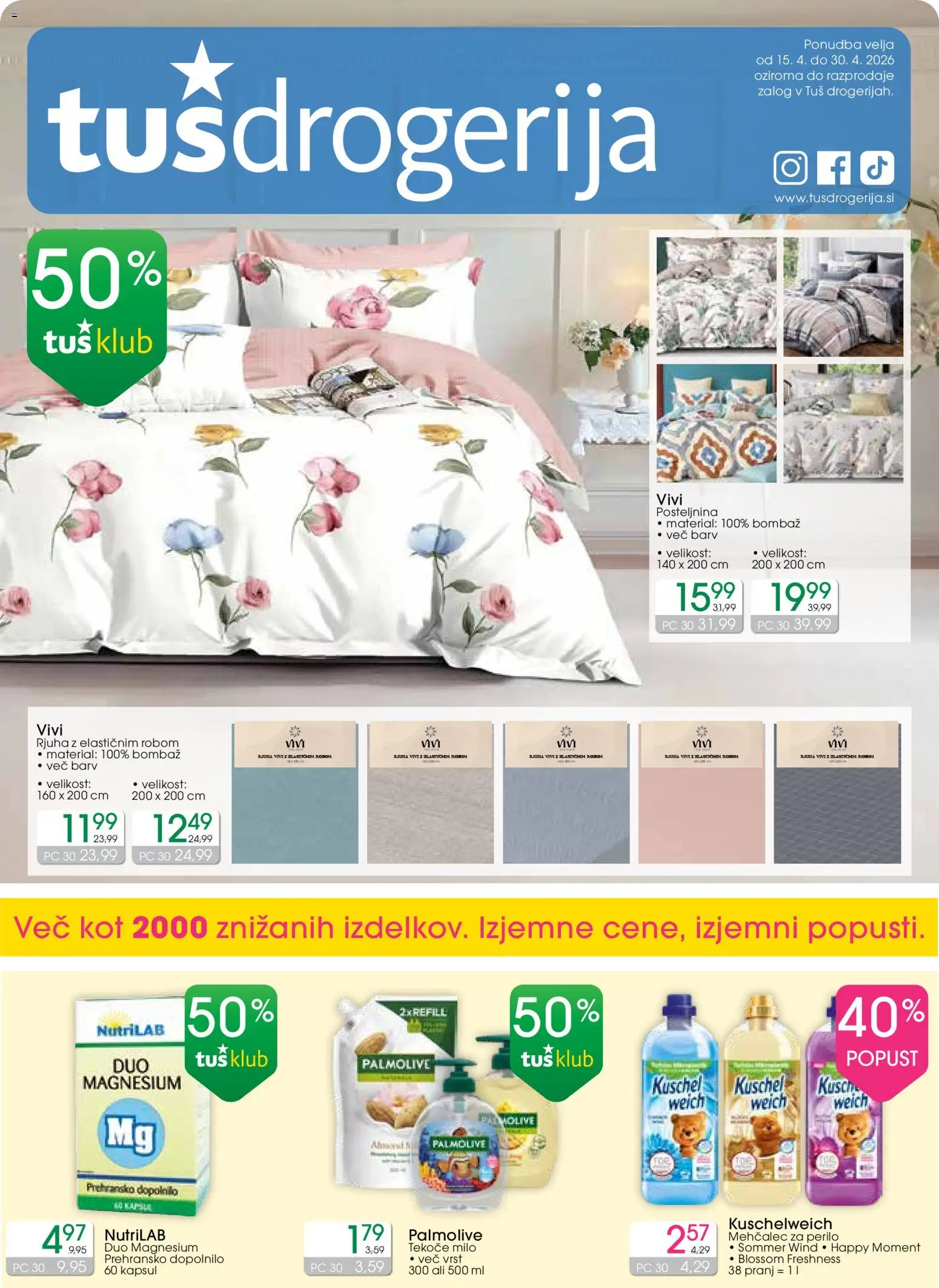 Novi Tuš drogerija katalog ponudbe – veljaven od 15.04.2026 | Stran: 1 | Izdelki: Mehčalec, Rjuha, Milo, Mehcalec za perilo