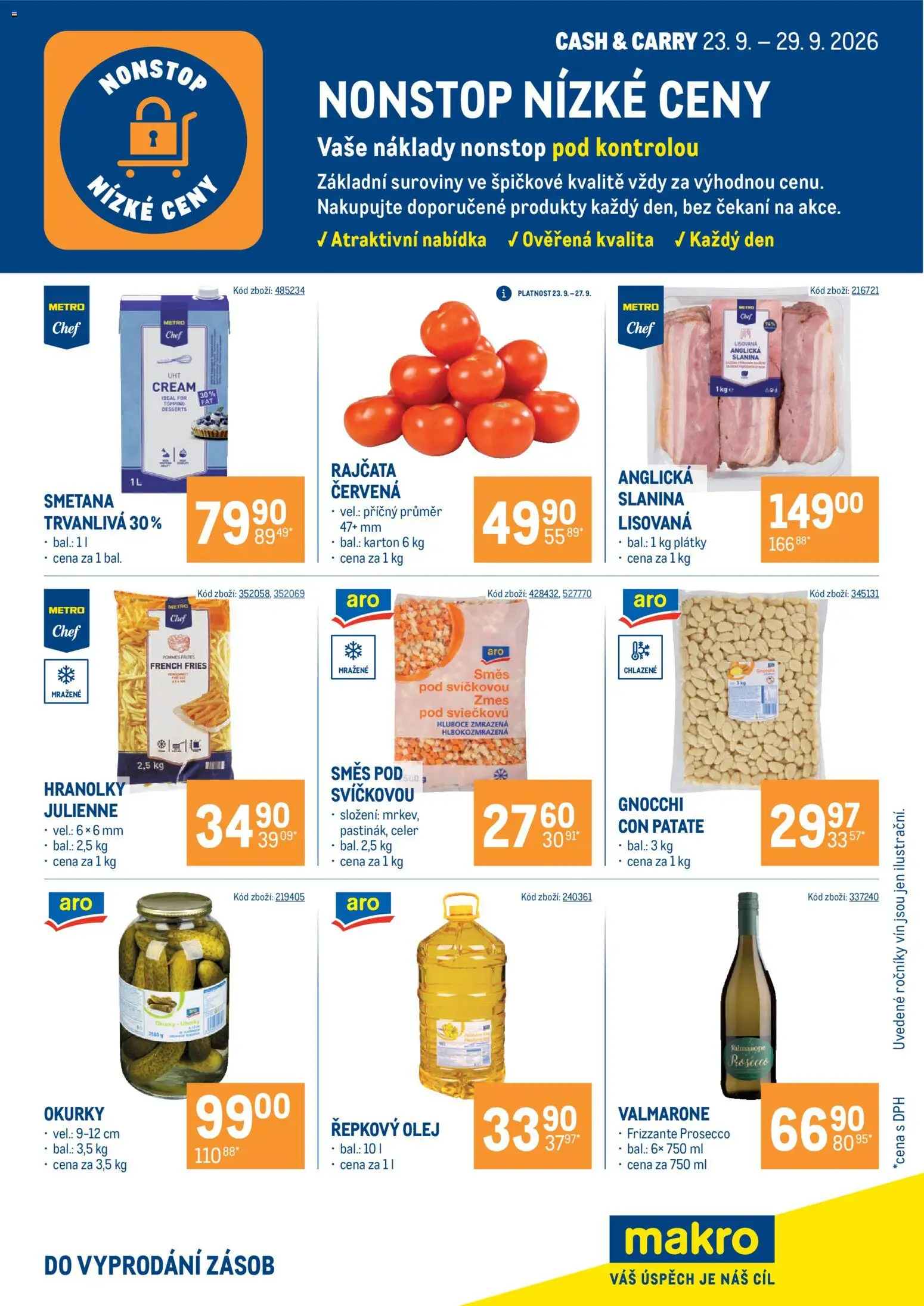 Makro leták - Nonstop nízké ceny od 23.09.2026 | Strana: 1 | Produkty: Prosecco, Rajčata, Smetana, Slanina
