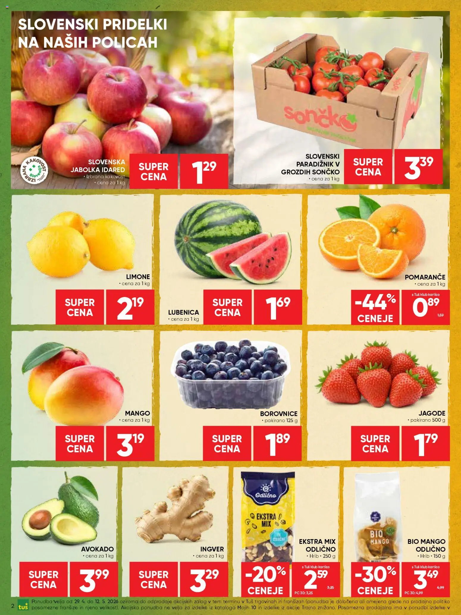 Novi Tuš katalog ponudbe – veljaven od 29.04.2026 | Stran: 2 | Izdelki: Lubenica, Pomarance, Borovnice, Jagode