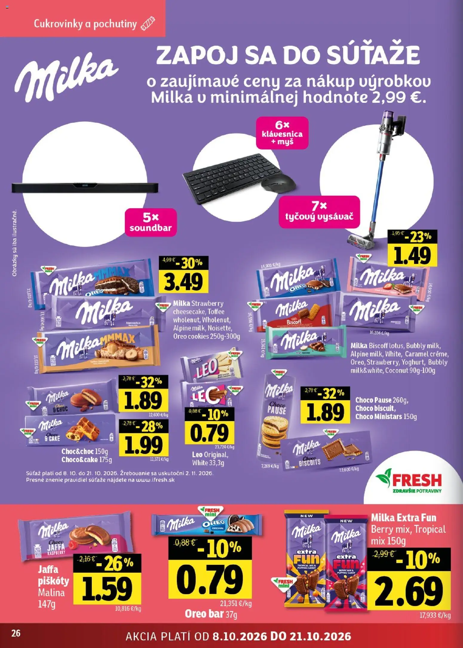 Nové Fresh akcie – leták je platný od 08.10.2026 | Strana: 26 | Produkty: Myš, Klávesnica, Tyčový vysávač, Vysávač