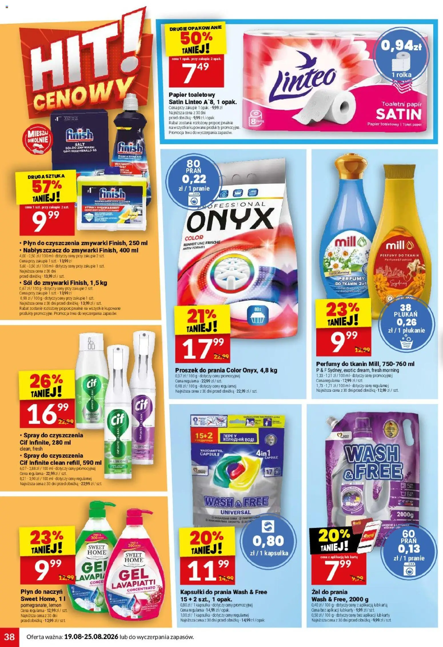 Twój Market gazetka od 19.08.2026 | Strona: 38 | Produkty: Papier toaletowy, Kapsułki do prania, Sól do zmywarki, Płyn do czyszczenia zmywarki