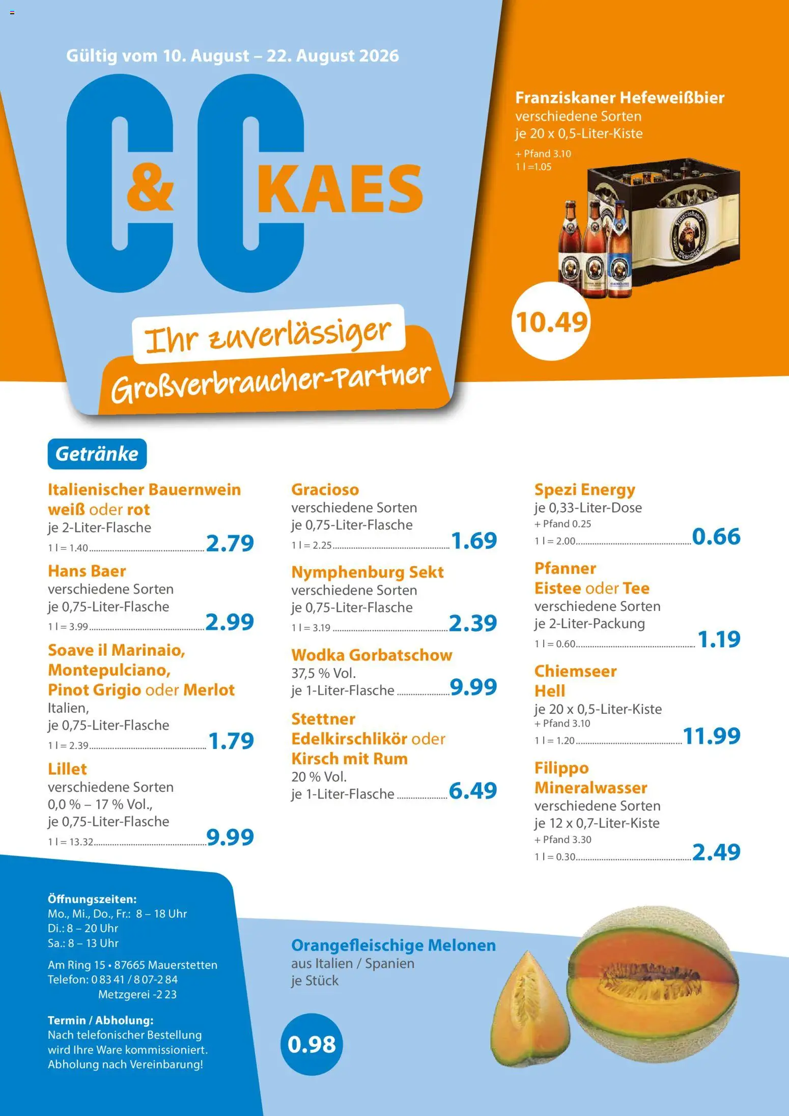 C&C Prospekt – gültig ab 10.08.2026 | Seite: 1 | Produkte: Franziskaner, Rum, Merlot, Wodka gorbatschow