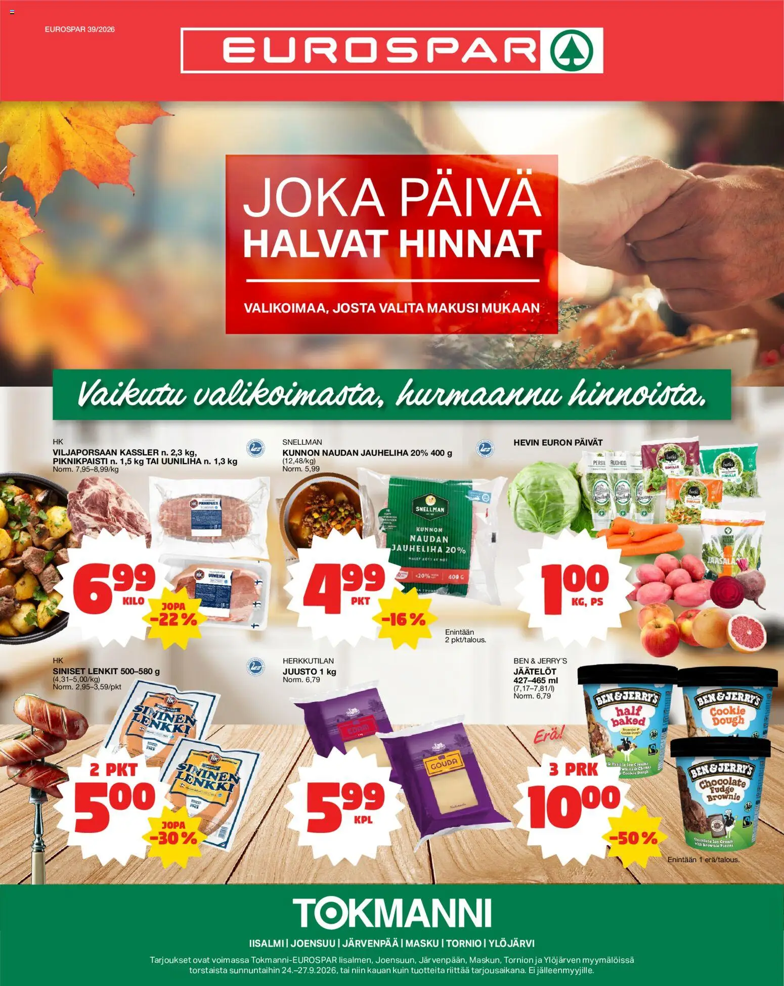 Tokmanni Eurospar – voimassa 24/09/2026 alkaen | Sivu: 1 | Tuotteet: Jauheliha, Juusto