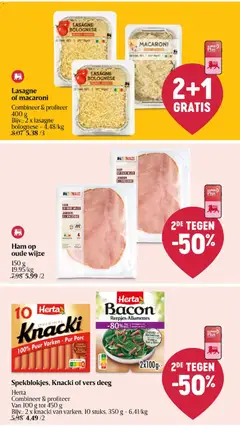 Spekblokjes, Knacki of vers deeg, Herta Combineer & profiteer Van 100 g tot 450 g Bijv.: 2 x knacki van varken, 10 stuks, 350 g - Voorbeeld van een folder van Delhaize, geldig van 24/09/2026 | Pagina: 13 | Producten: Macaroni, Deeg, Kaas, Kan
