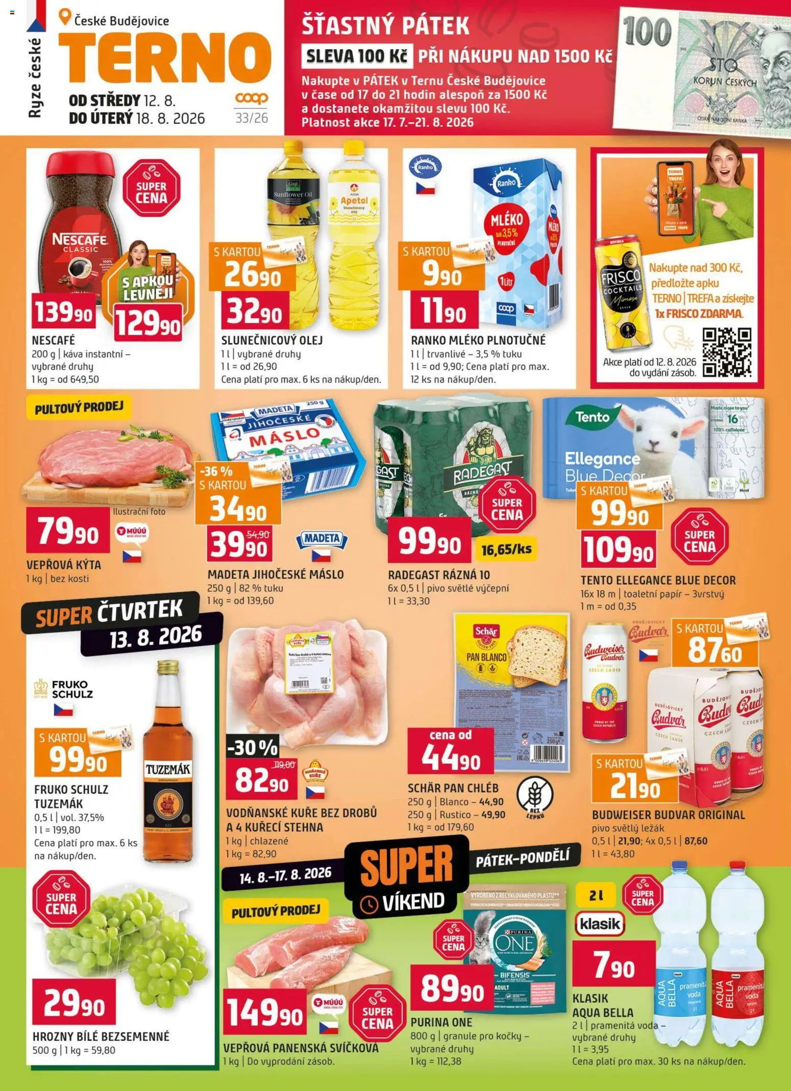 Terno leták od 12.08.2026 | Strana: 1 | Produkty: Olej, Purina one, Radegast, Vepřová Kýta