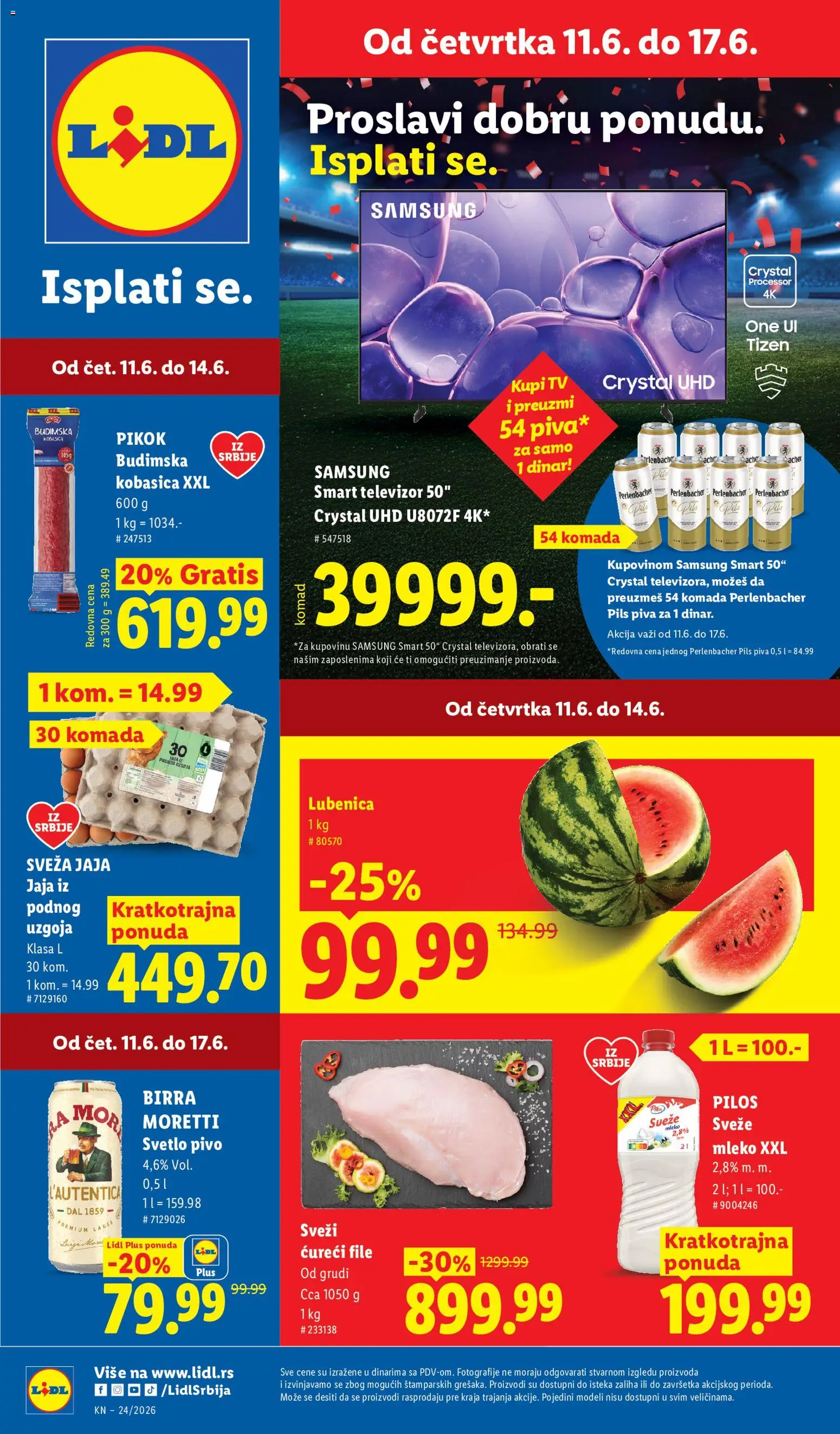 Lidl katalog - važi od 11.06.2026 | Strana: 1 | Proizvode: Sveže mleko, Birra Moretti, Televizor, Lubenica