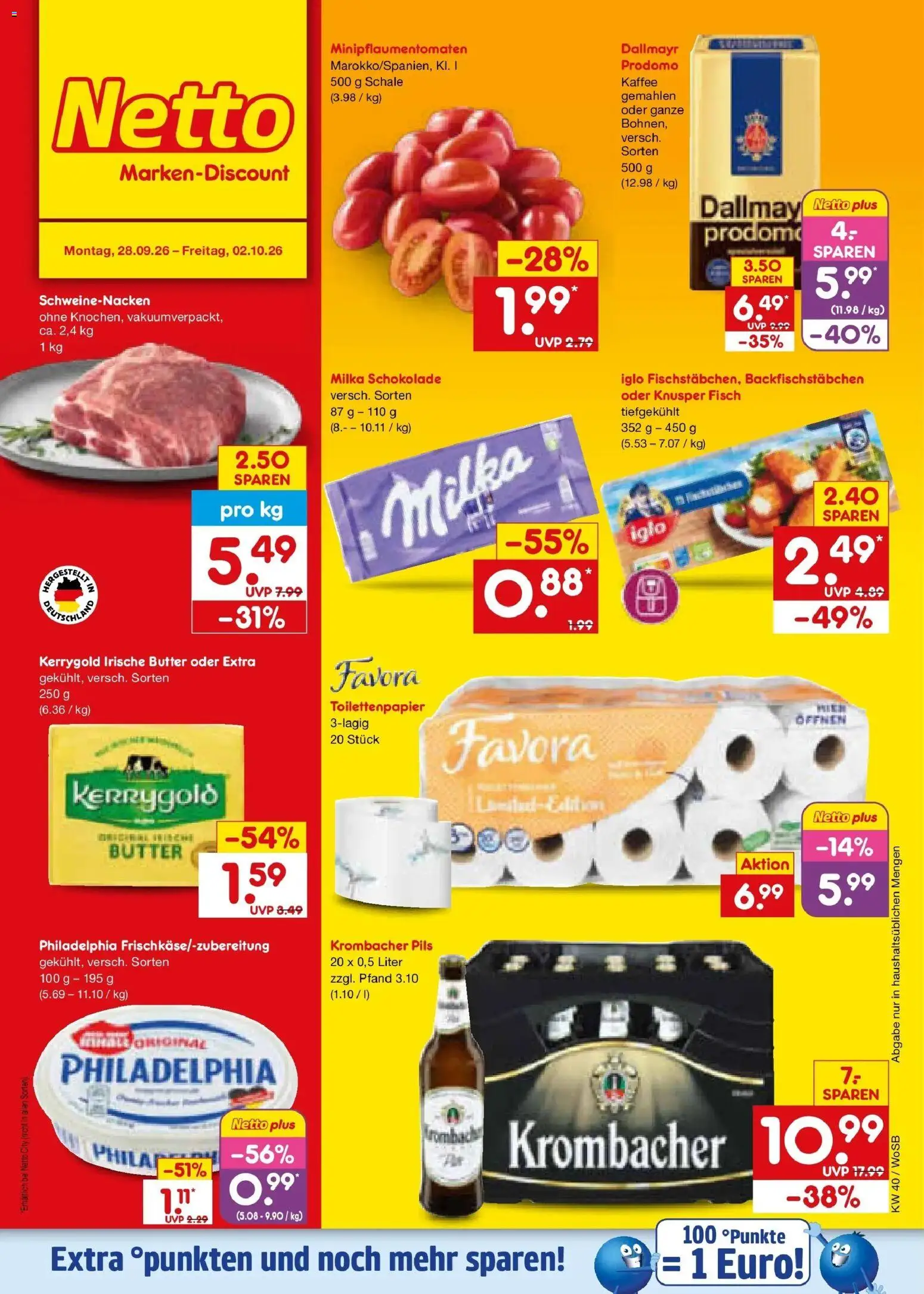 Netto Marken-Discount Prospekt Mannheim – gültig ab 28.09.2026 | Seite: 1 | Produkte: Philadelphia, Schweinenacken, Krombacher, Toilettenpapier