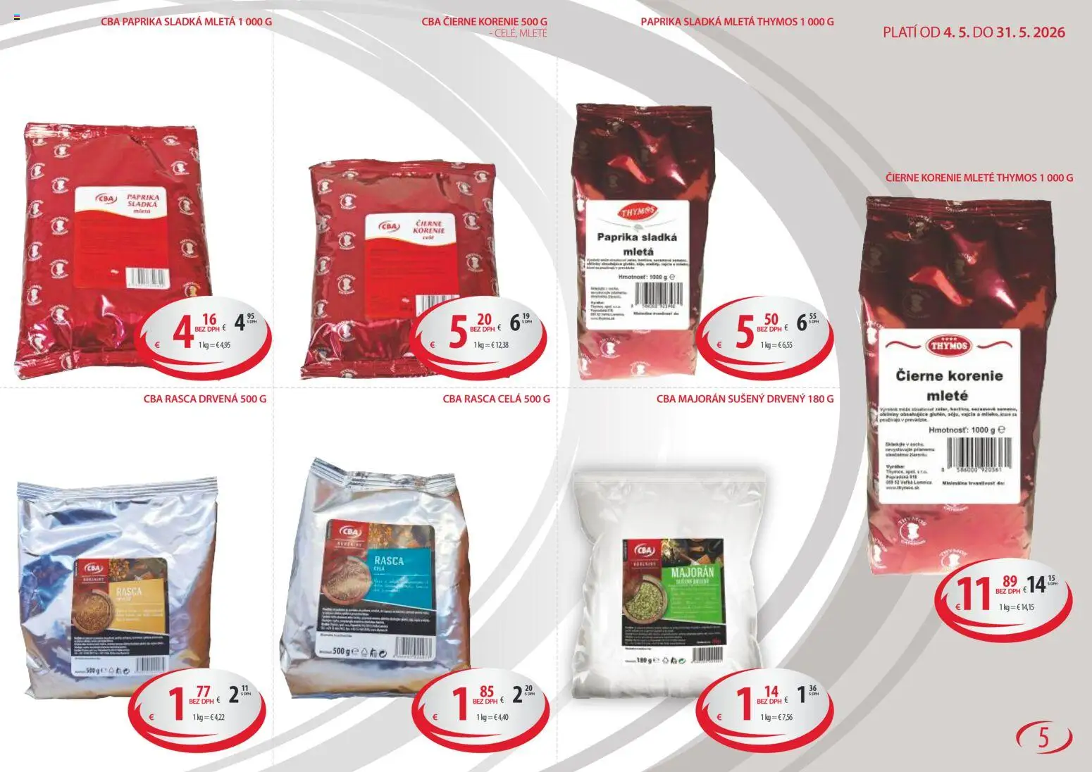 Nové CBA Verex akcie – leták je platný od 04.05.2026 | Strana: 5 | Produkty: Paprika, Čierne korenie, Korenie, Majorán