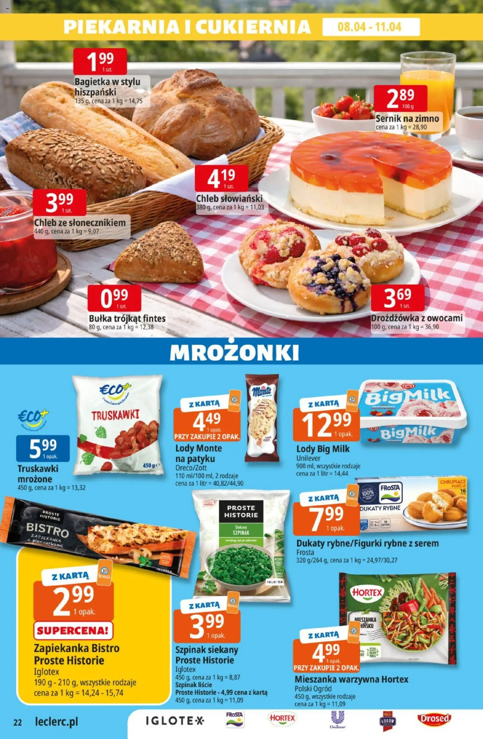 E.Leclerc gazetka od 08.04.2026 | Strona: 22 | Produkty: Karta, Piekarnia, Bagietka, Lody