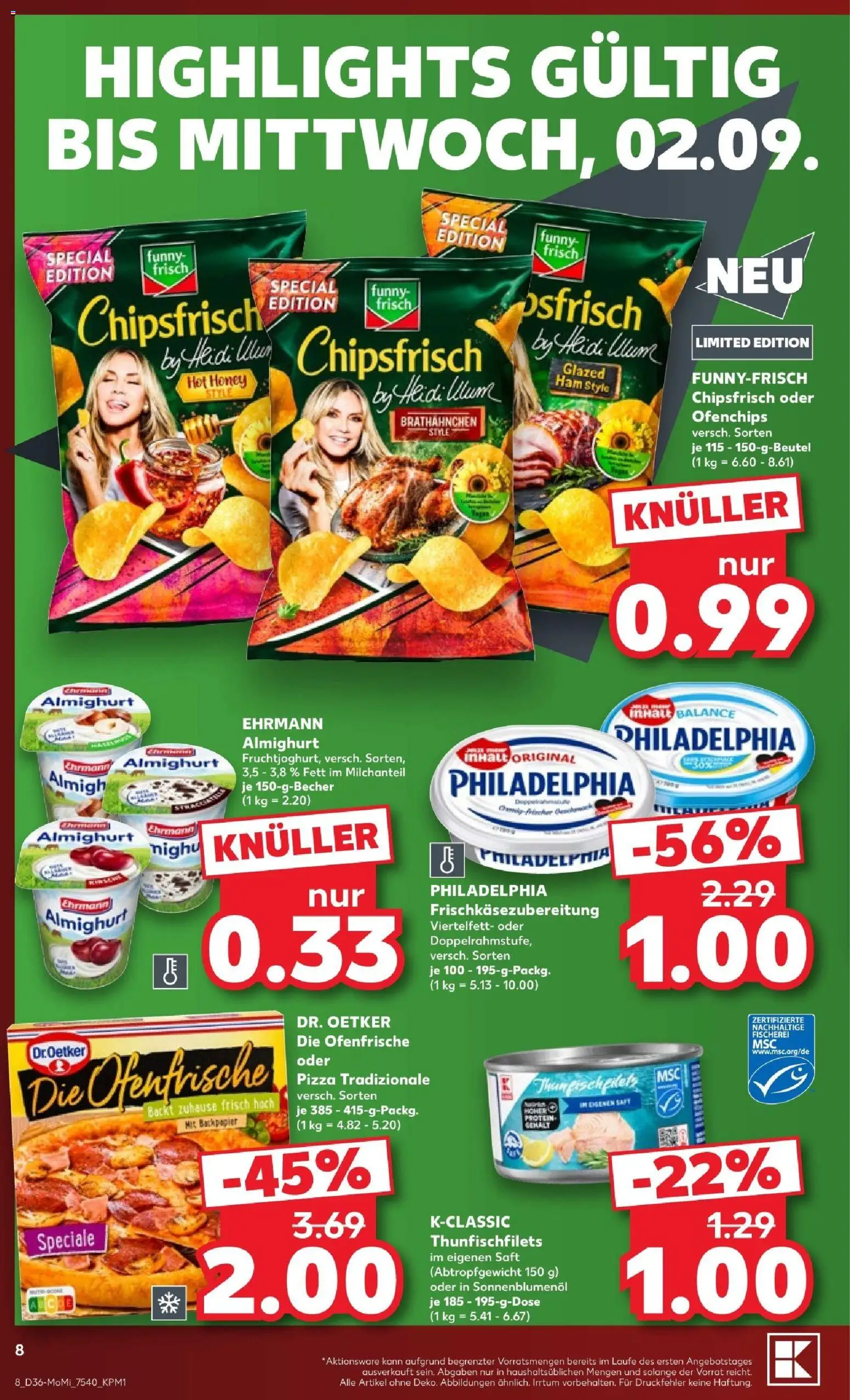 Kaufland Prospekt – gültig ab 31.08.2026 | Seite: 8 | Produkte: Sonnenblumenol, Philadelphia, Funny frisch, Pizza