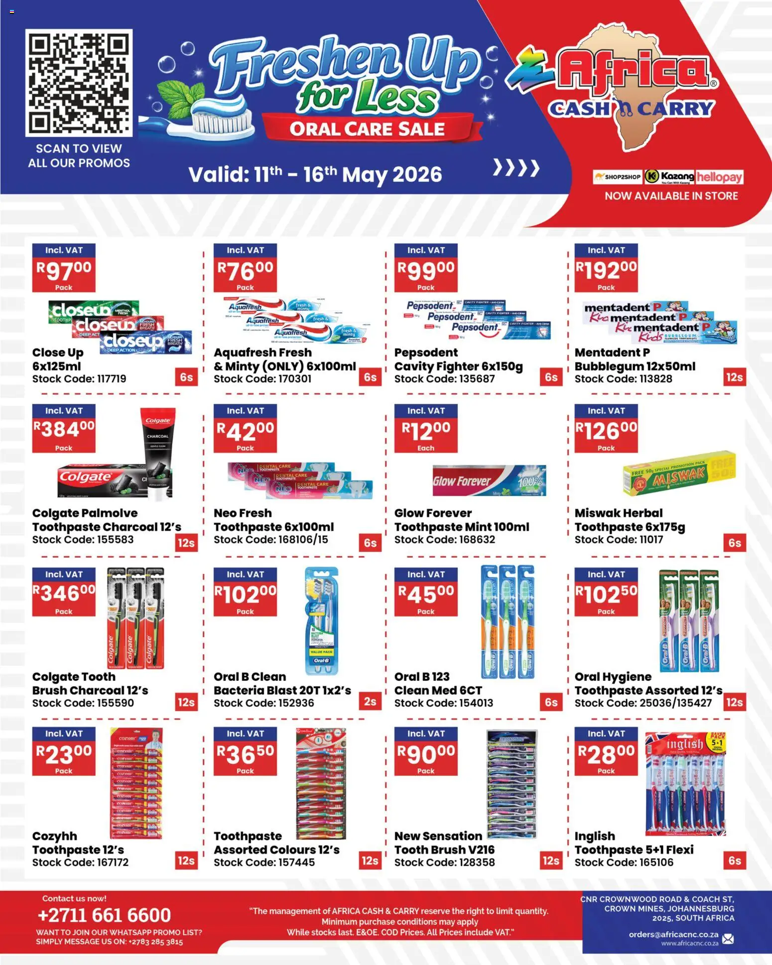 New Africa Cash & Carry catalogue – valid from 11.05.2026 | Page: 1 | Products: Brush, Stock, Toothpaste, Tooth brush