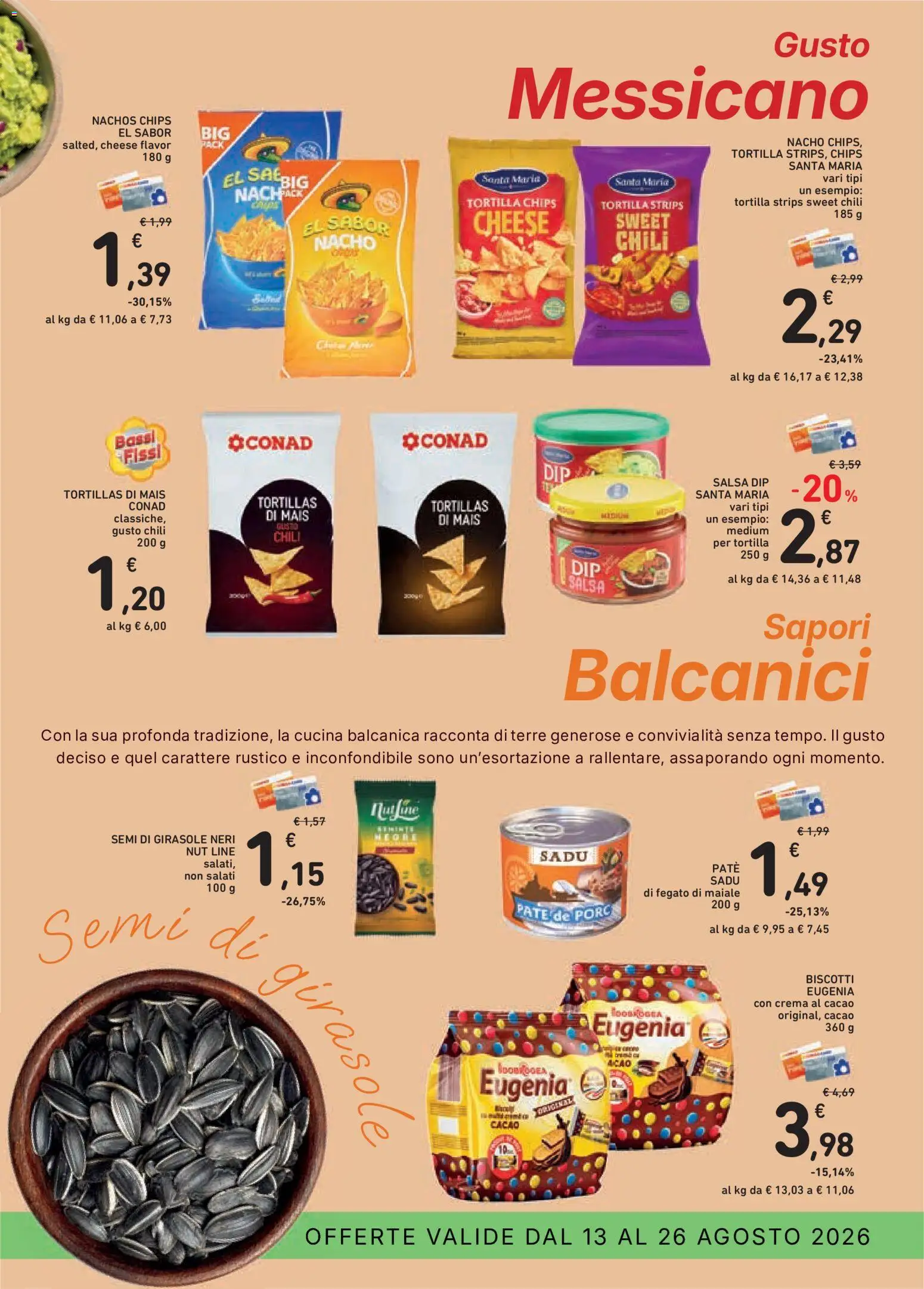 Volantino Conad del 13/08/2026 | Pagina: 11 | Prodotti: Maiale, Fegato di maiale, Biscotti, Semi di girasole