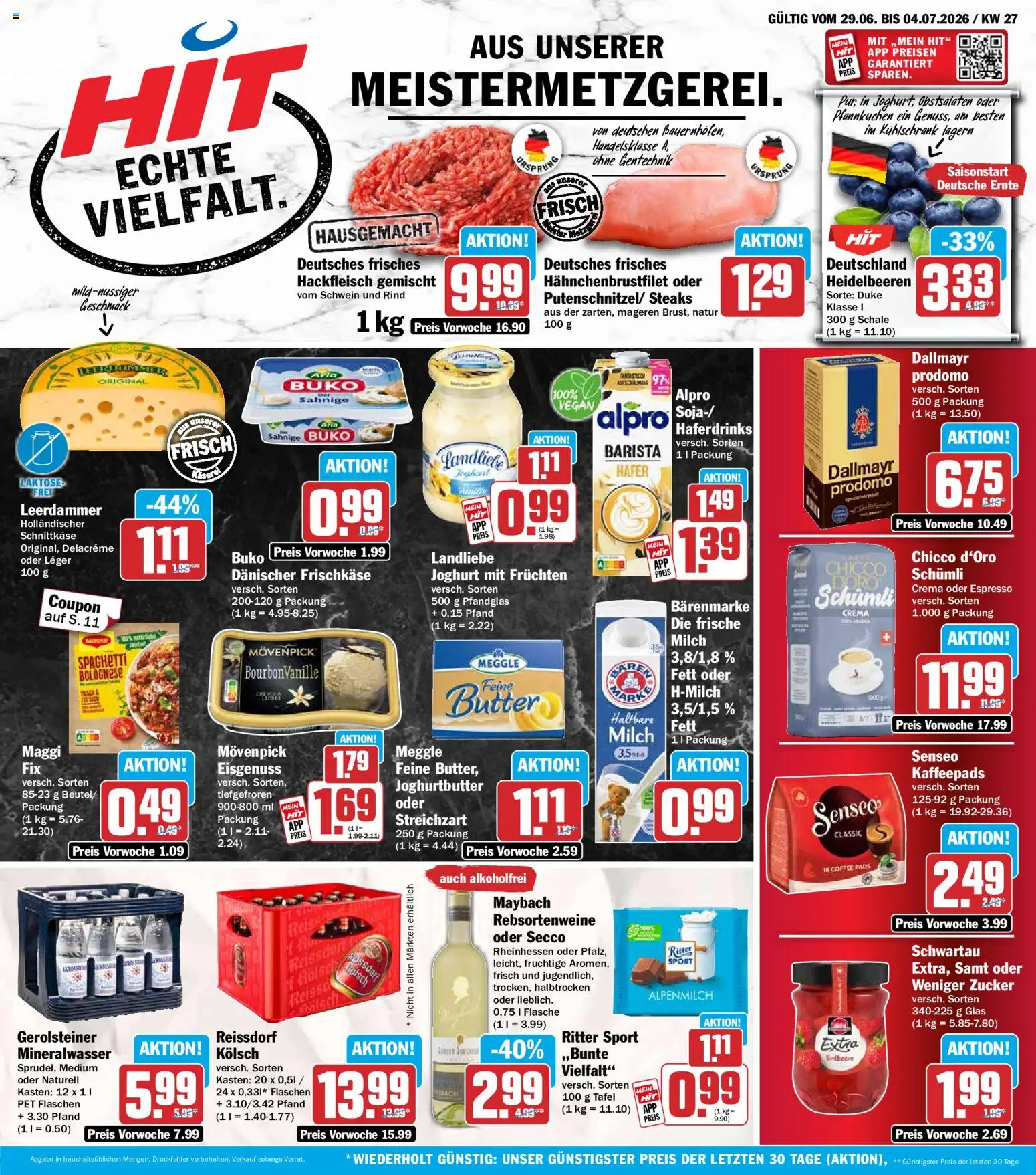 HIT Prospekt – gültig ab 29.06.2026 | Seite: 1 | Produkte: Kaffeepads, Joghurt, Hackfleisch, Gerolsteiner
