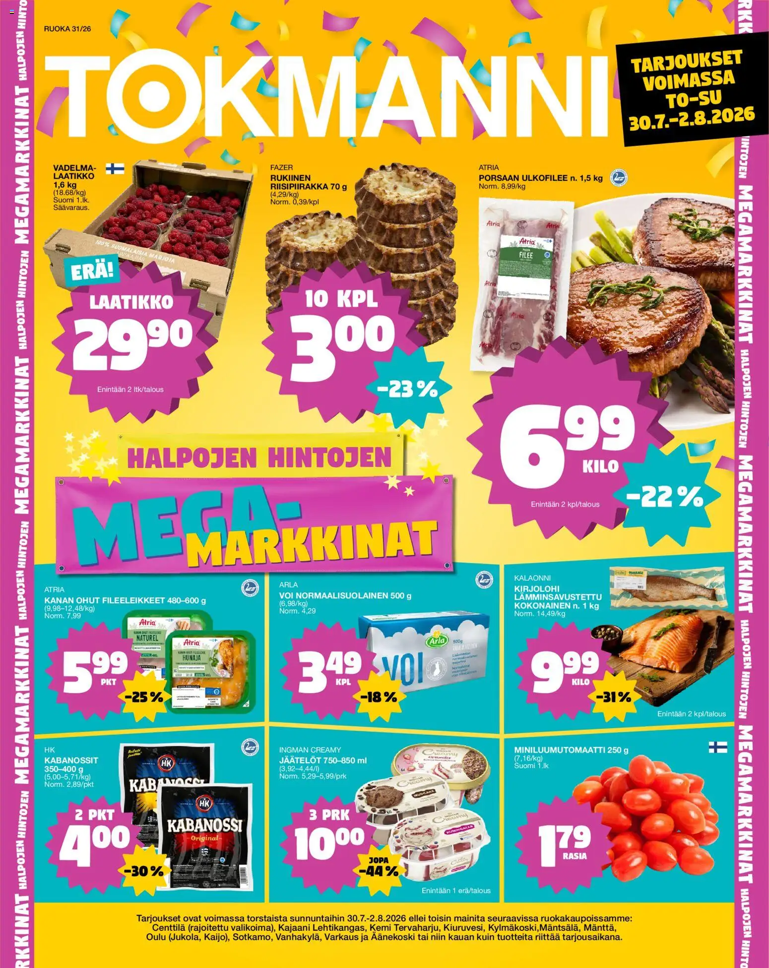 Tokmanni Ruokatarjoukset – voimassa 30/07/2026 alkaen | Sivu: 1 | Tuotteet: Vadelma, Kokonainen, Laatikko, Voi