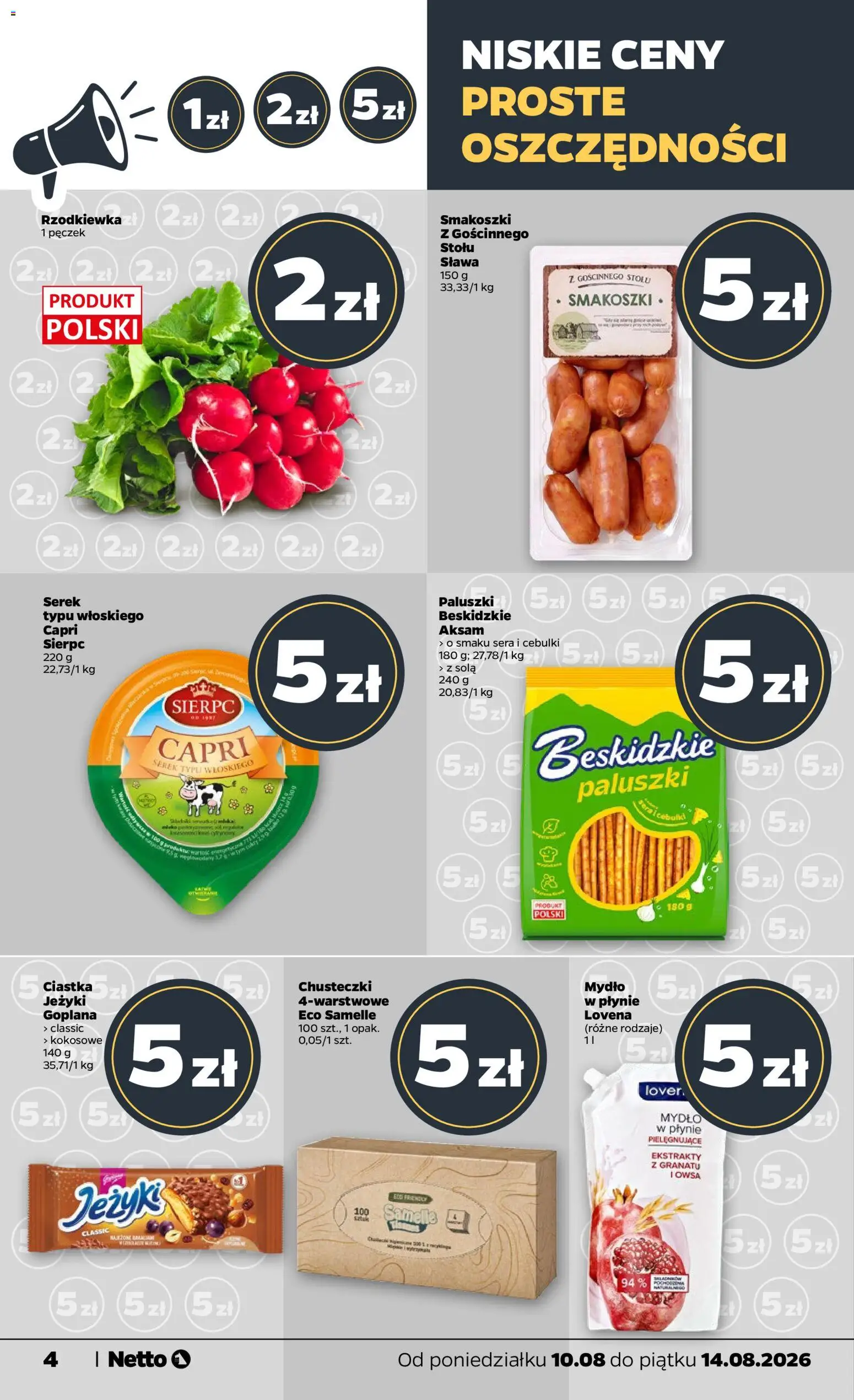 Netto gazetka od poniedziałku od 10.08.2026 | Strona: 4 | Produkty: Ciastka Jeżyki, Serek, Mydło w płynie, Ciastka