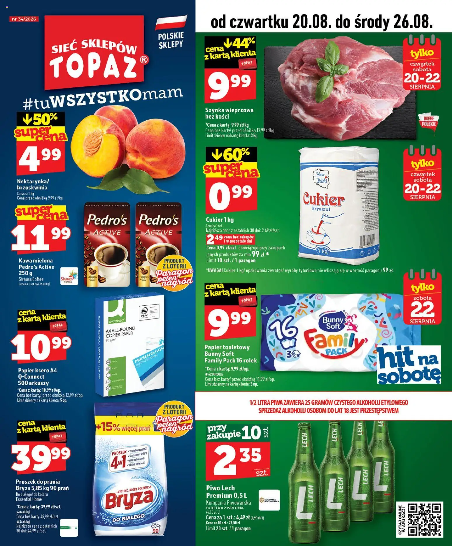 Topaz gazetka - MAZ od 20.08.2026 | Strona: 1 | Produkty: Brzoskwinia, Proszek, Szynka wieprzowa, Piwo