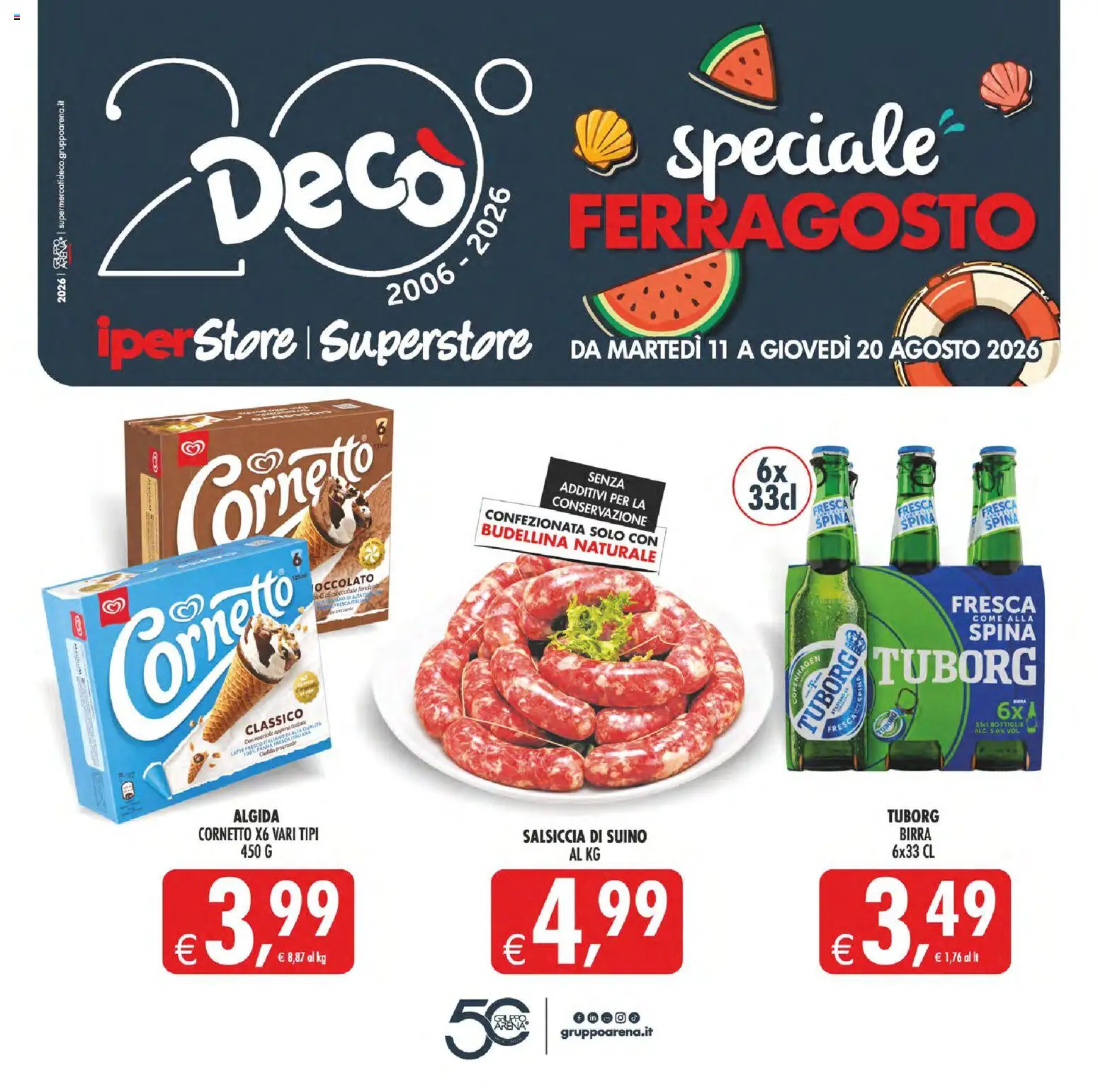 Volantino Decò del 11/08/2026 | Pagina: 1 | Prodotti: Birra, Cornetto, Salsiccia, Nocciole