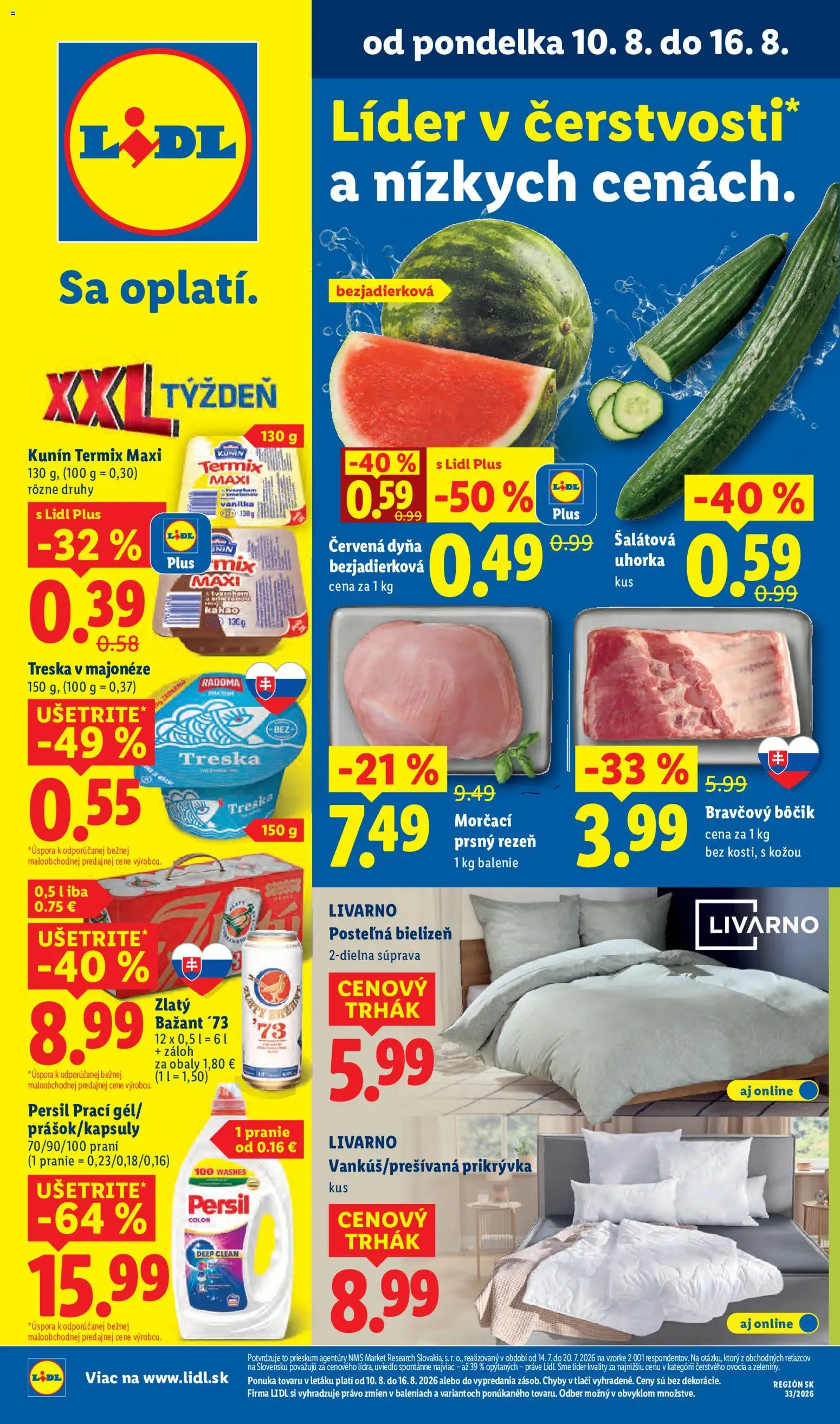 Nové Lidl akcie – leták je platný od 10.08.2026 | Strana: 1 | Produkty: Zlatý Bažant, Bôčik, Treska, Šalátová uhorka
