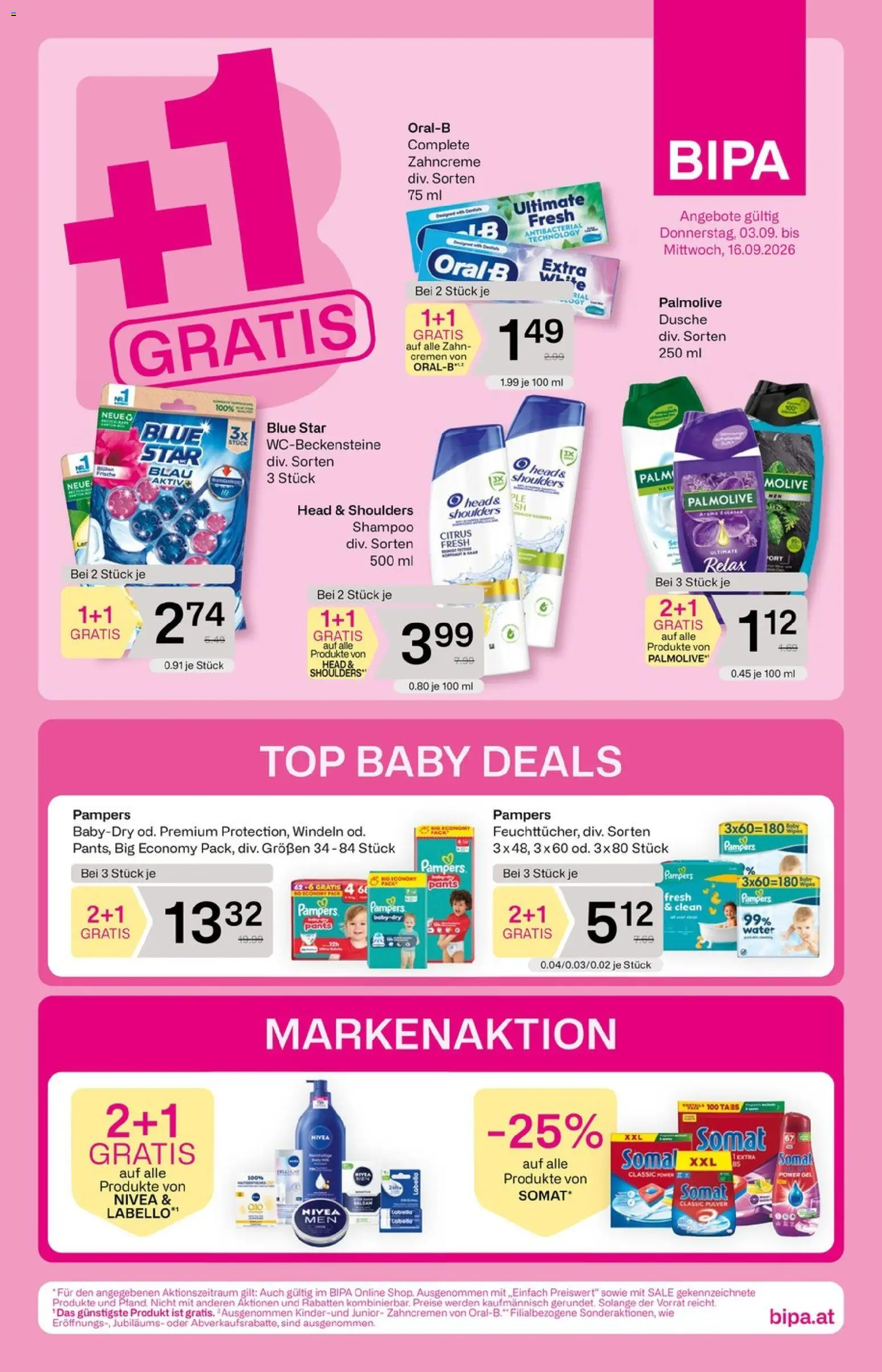 Bipa Flugblatt gültig ab 03.09.2026 | Seite: 1 | Produkte: Windeln, Dusche, Pampers, Shampoo