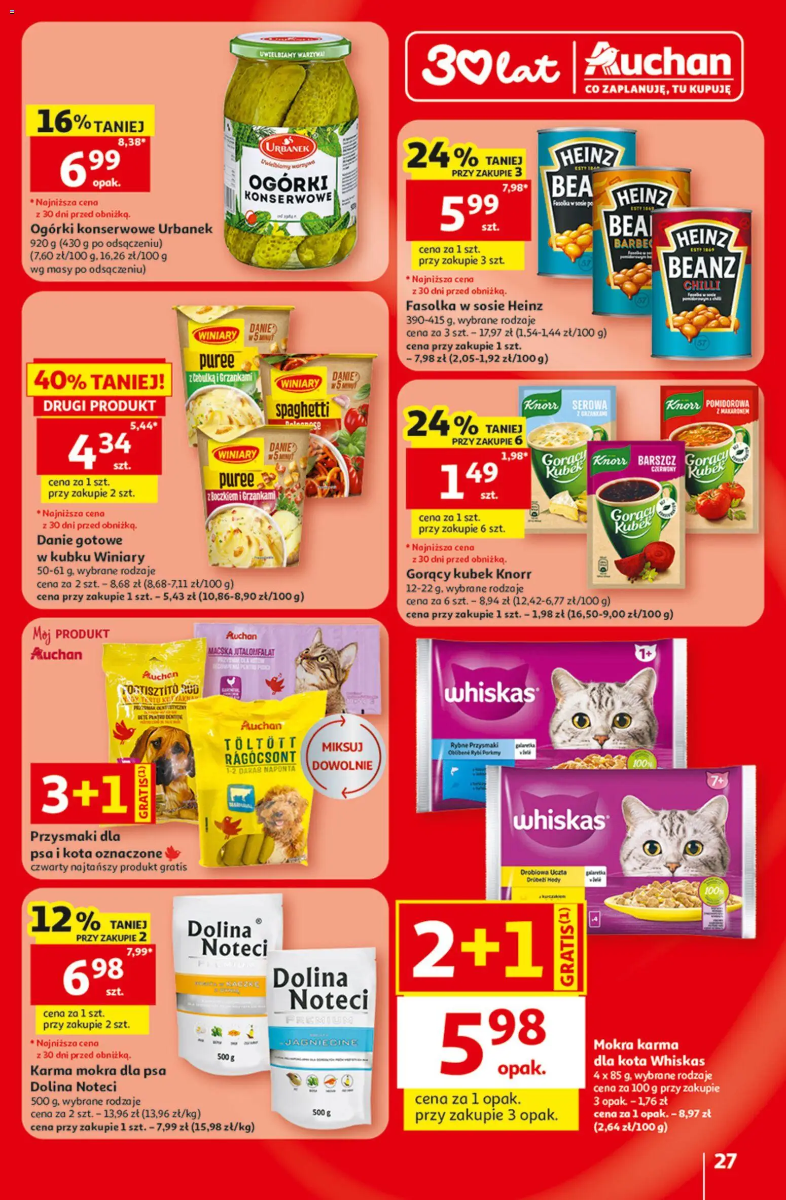 Auchan gazetka - 30 Lat Hipermarket od 09.07.2026 | Strona: 27 | Produkty: Barszcz, Galaretka, Przysmaki dla psa, Ogórki konserwowe