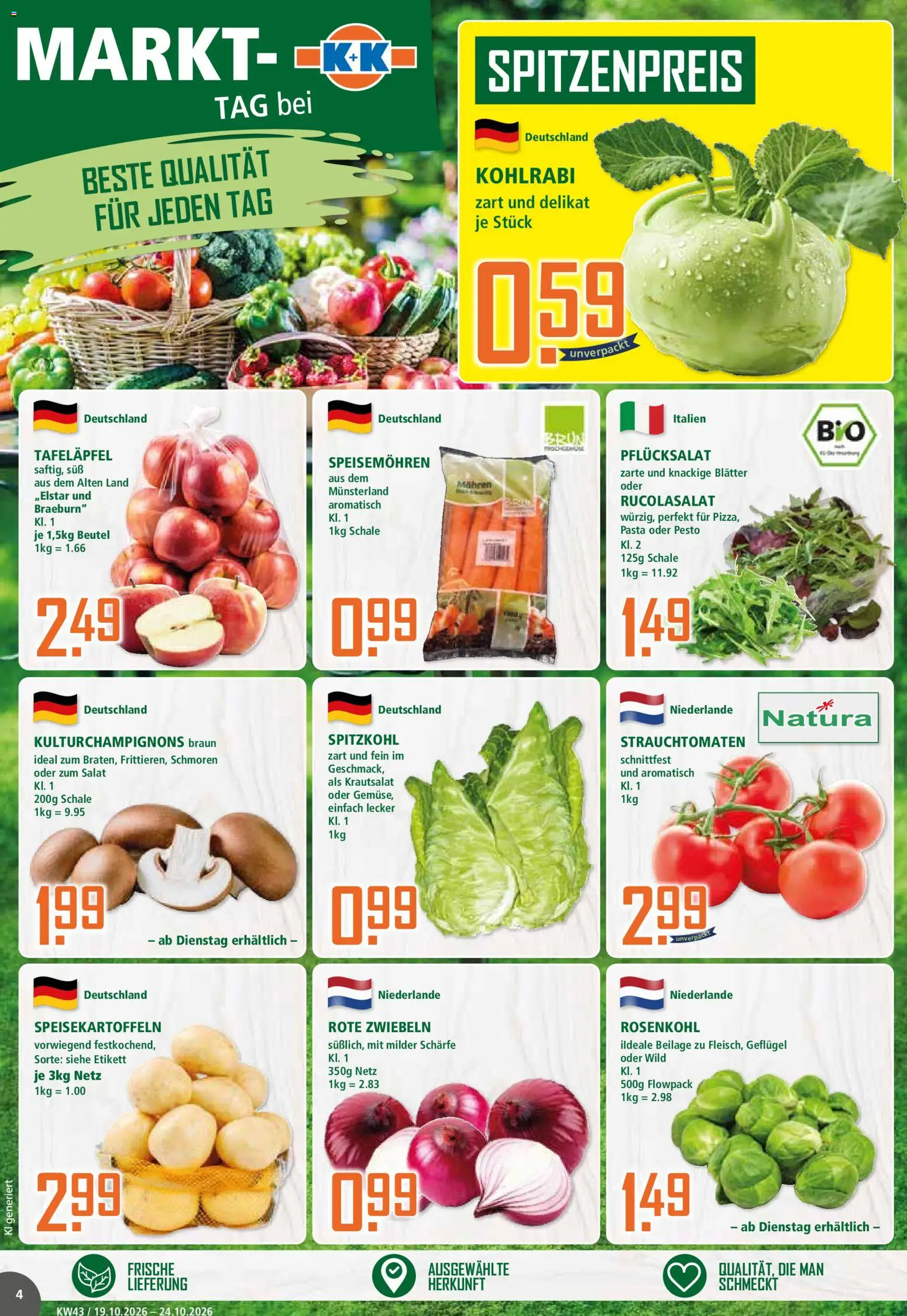 Klaas & Kock Prospekt – gültig ab 19.10.2026 | Seite: 4 | Produkte: Kohlrabi, Zwiebeln, Pasta, Salat