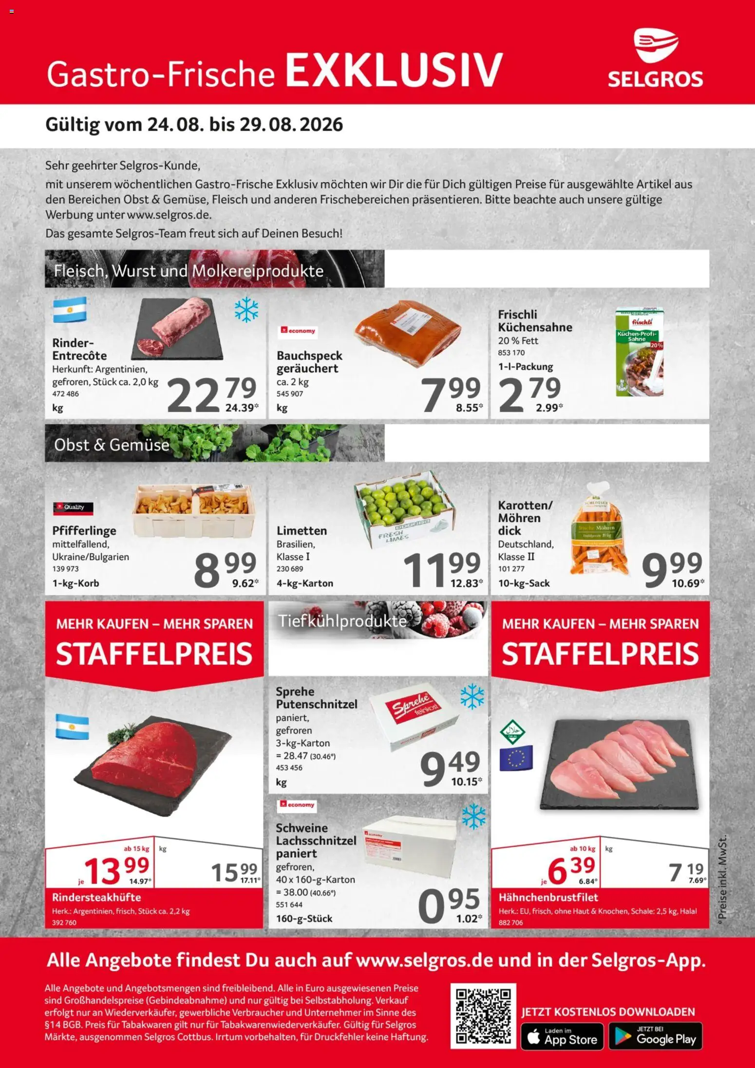 Selgros Gastro Angebote – gültig ab 24.08.2026 | Seite: 1 | Produkte: Entrecote, Mohren, Pfifferlinge, Sahne