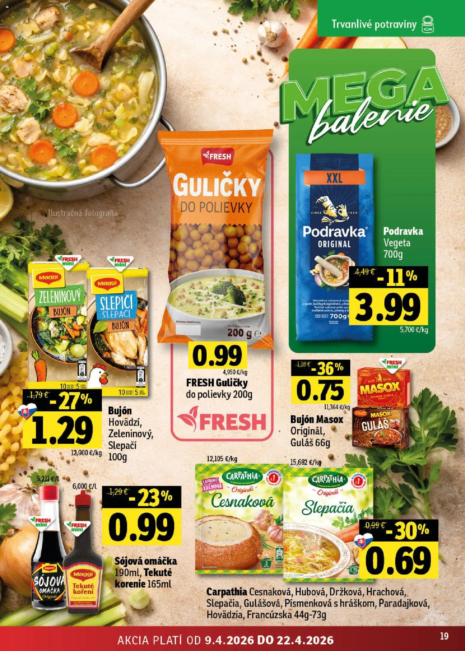 Nové Fresh akcie – leták je platný od 09.04.2026 | Strana: 19 | Produkty: Bujón, Masox, Korenie, Omáčka