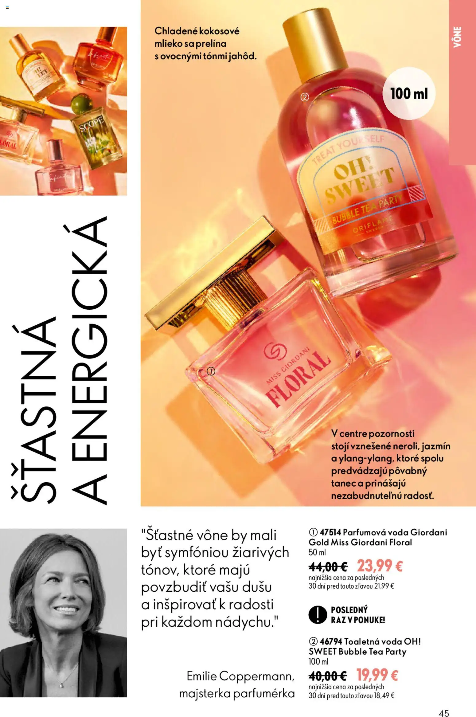 Nové Oriflame akcie – leták je platný od 19.08.2026 | Strana: 45 | Produkty: Mlieko, Toaletná voda, Kokosové mlieko, Voda