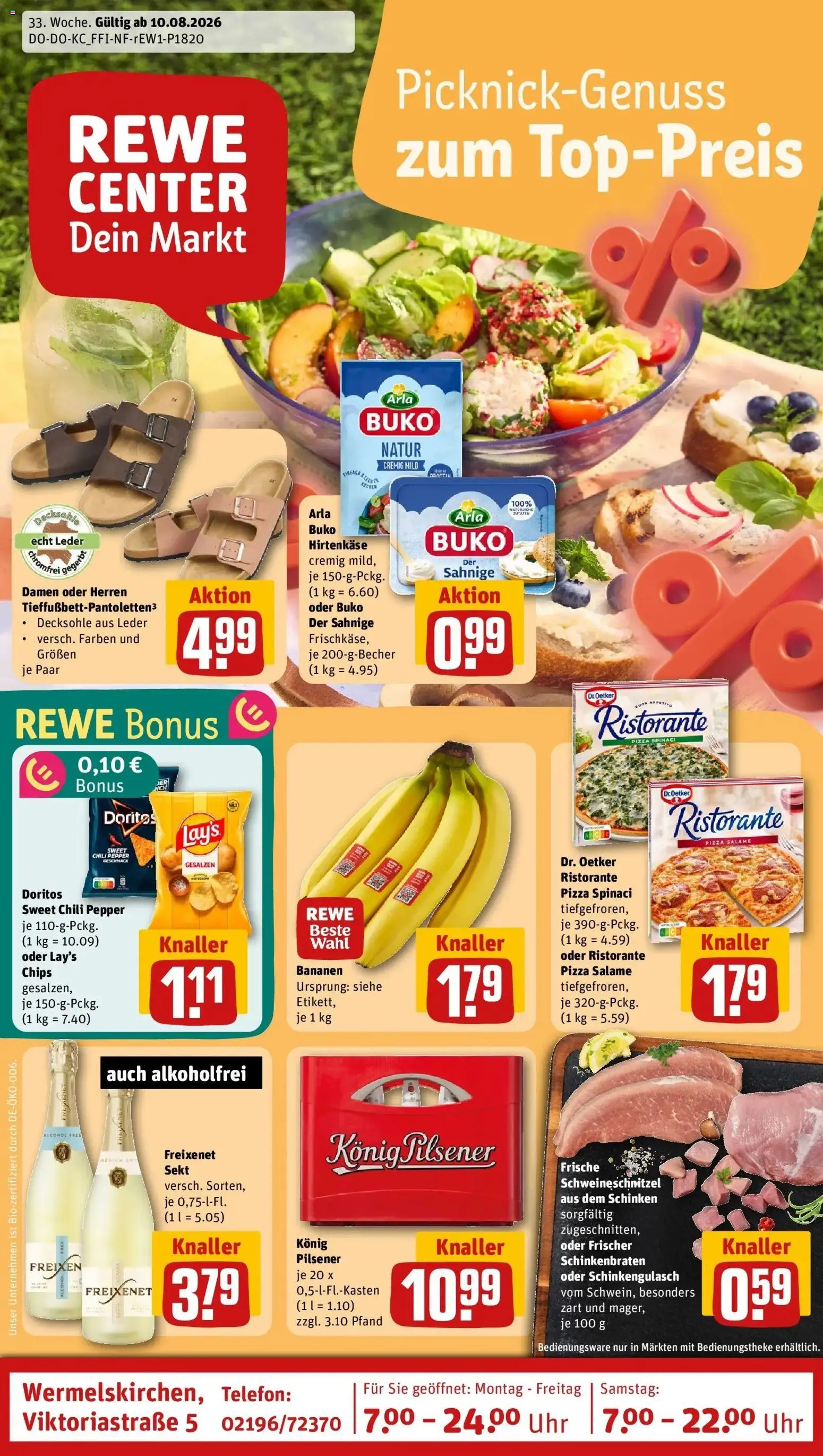 REWE Prospekt ab 10.08.2026 zum Blättern » Angebote | Seite: 1 | Produkte: Bananen, Chili, Salami, Pizza