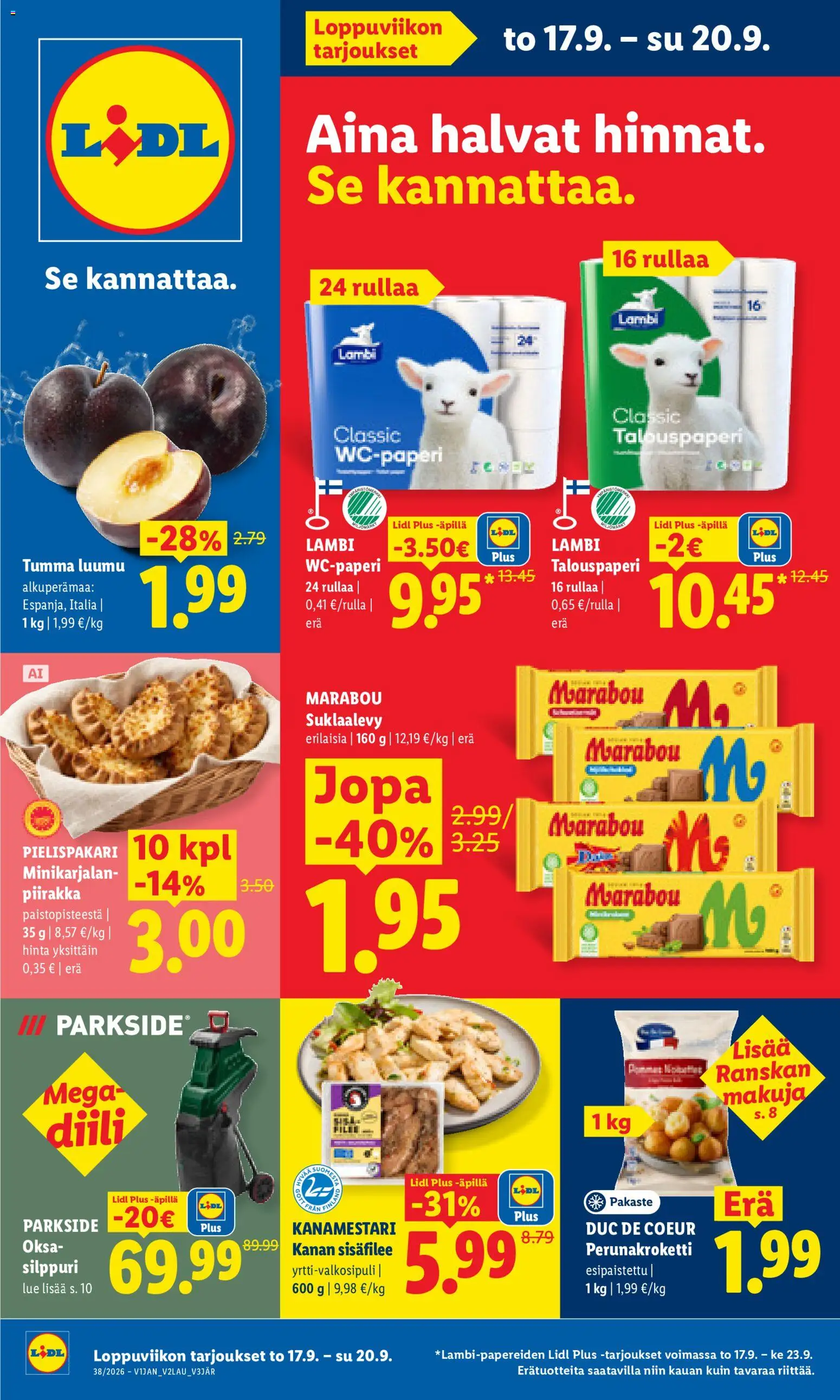 Lidl tarjoukset - Rovaniemi – voimassa 17/09/2026 alkaen | Sivu: 1 | Tuotteet: Silppuri, Luumu, Wc-paperi, Piirakka