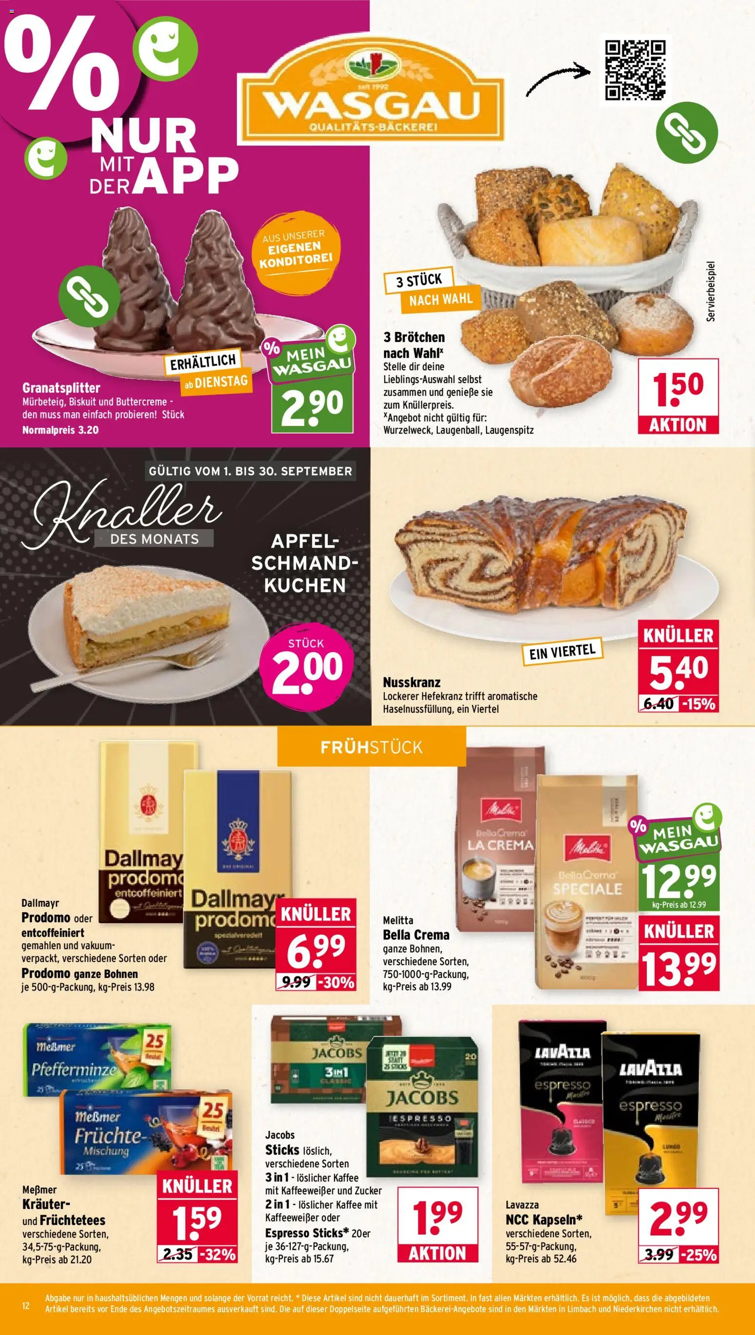 Wasgau Prospekt – gültig ab 21.09.2026 | Seite: 12 | Produkte: Lavazza, Bäckerei, Äpfel, Löslicher Kaffee