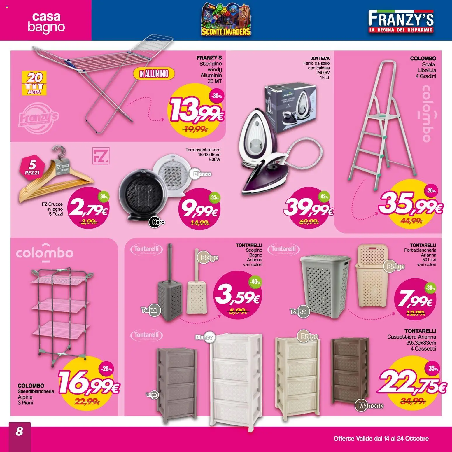 Volantino Franzy's del 14/10/2026 | Pagina: 8 | Prodotti: Scopino, Ferro, Bagno, Grucce