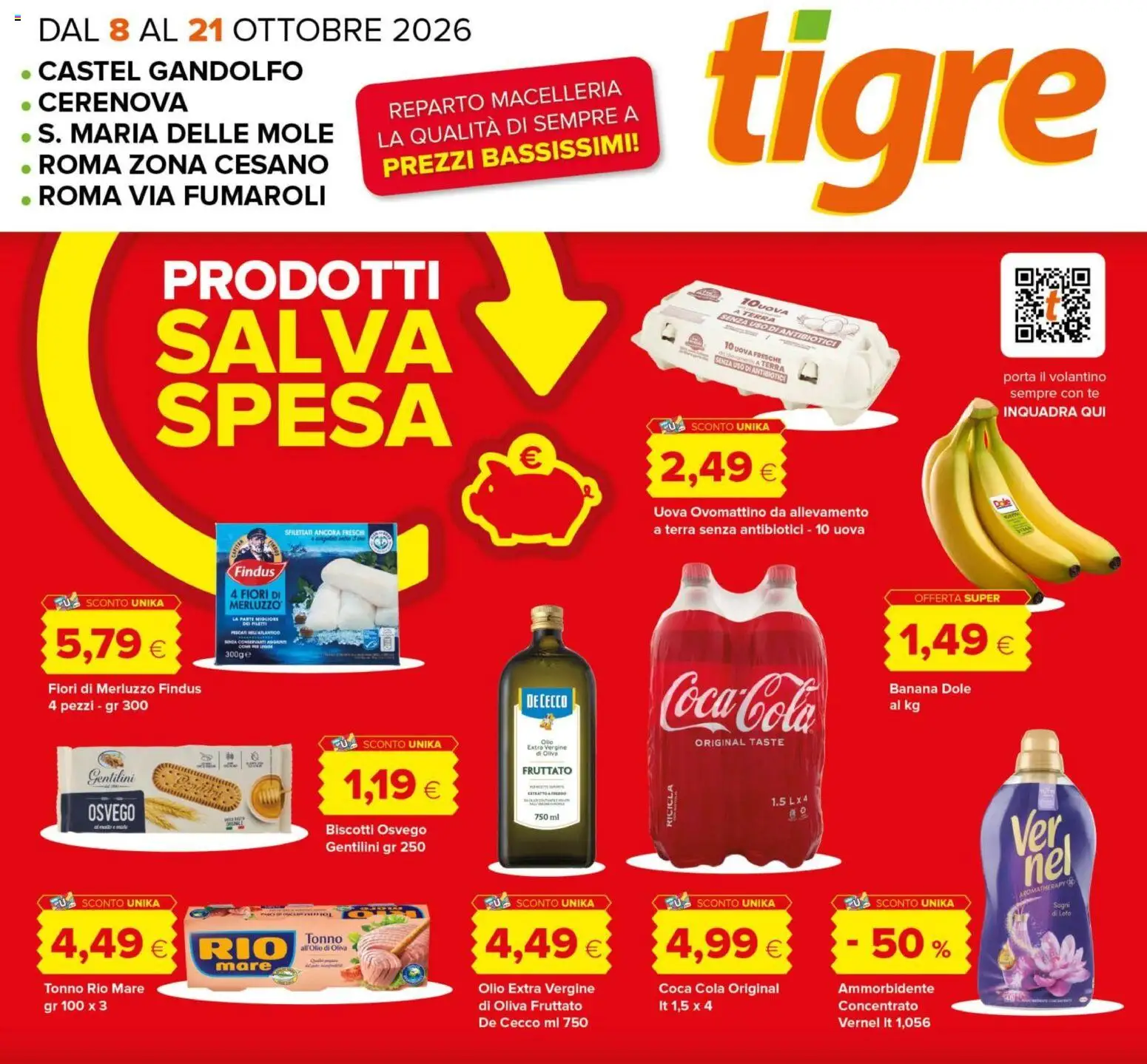Volantino Tigre del 08/10/2026 | Pagina: 1 | Prodotti: Ammorbidente, Tonno, Olio extra vergine, Coca Cola