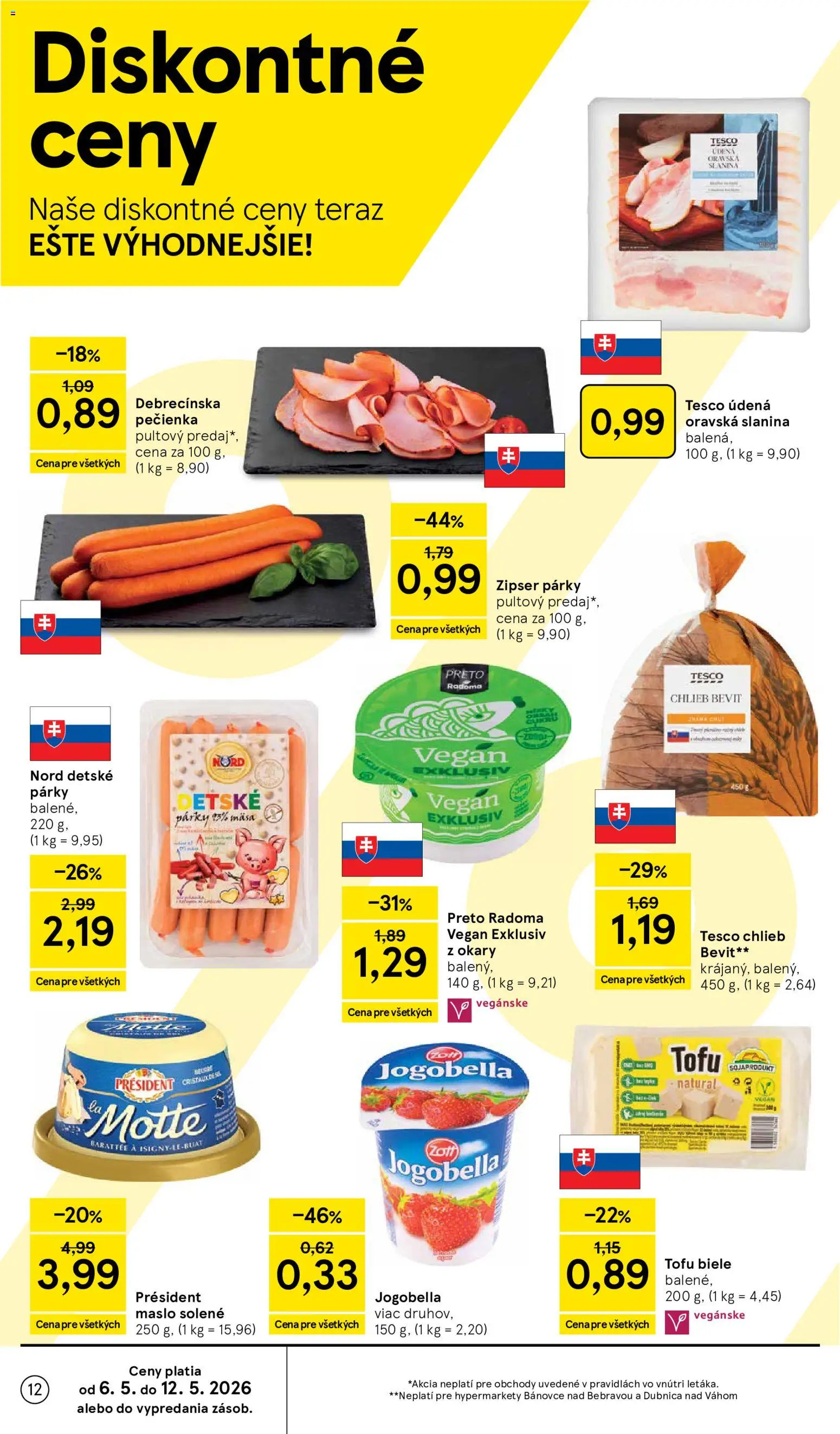 Nové Tesco akcie – leták je platný od 06.05.2026 | Strana: 12 | Produkty: Maslo, Chlieb, Slanina, Tofu