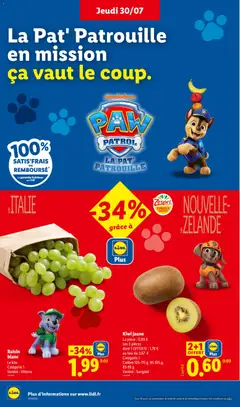 LIDL - Prévisualisation de Kiwi jaune, La pièce : 0,89 €, Les 3 pièces, dont 1 OFFERTE : 1,78 €, au lieu de 2,67 €, Catégorie 1, Calibre 105-115 g, 95-105 g,, 85-95 g, Variété : Sungold valide à partir de 30/07/2026 | Page: 2 | Produits: Raisin, Kiwi