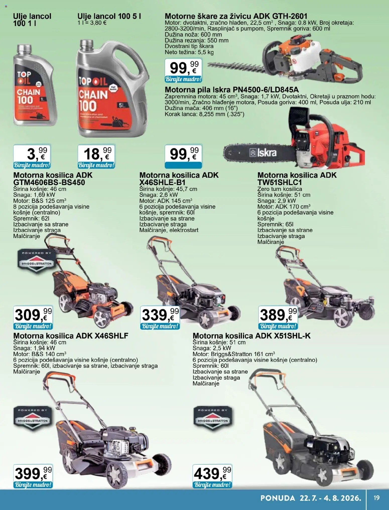 KTC katalog | vrijedi od 22.07.2026 | Stranica: 19 | Proizvodi: Kosilica, Ulje, Škare, Pila