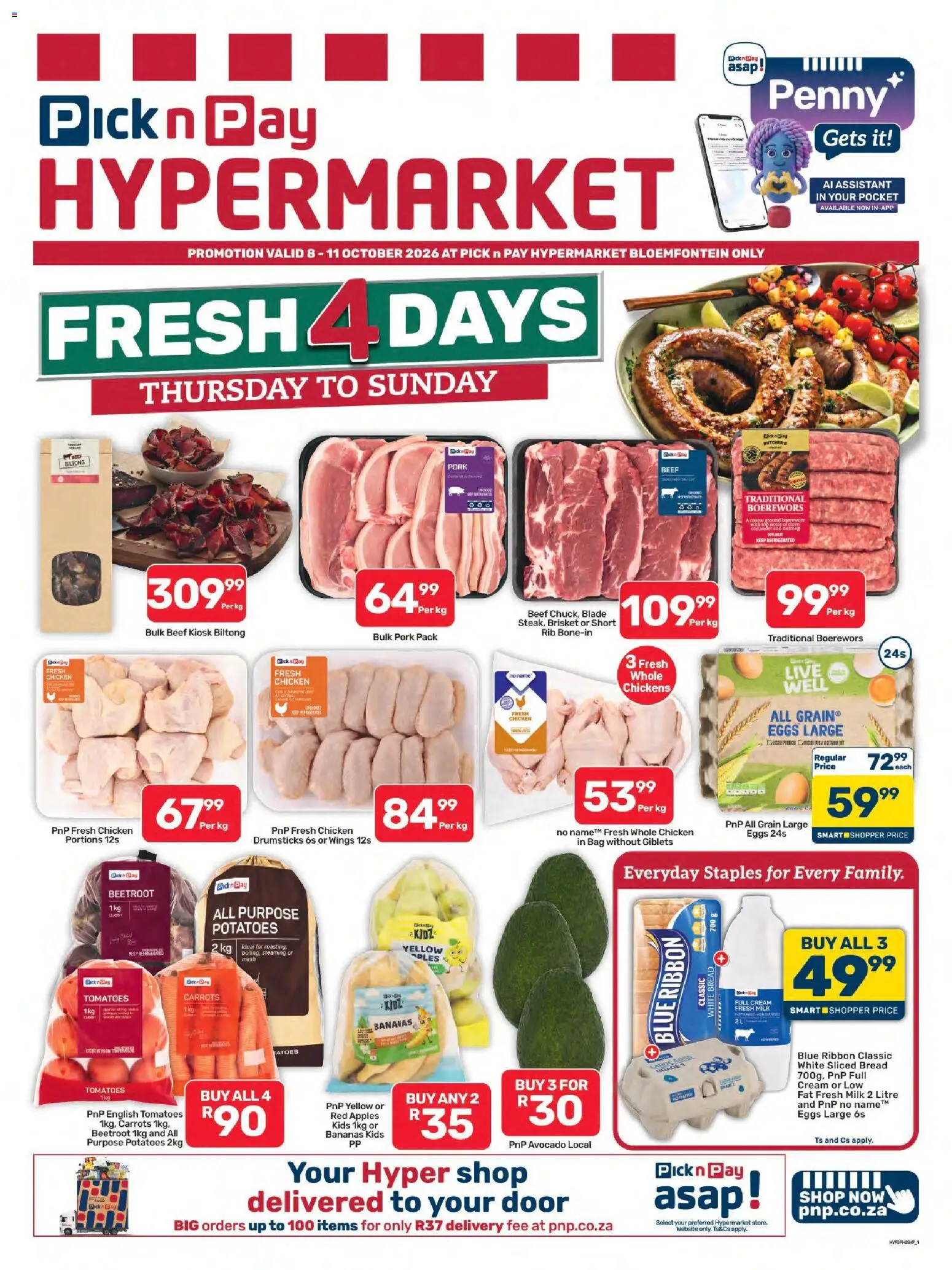 New Pick n Pay catalogue – valid from 08/10/2026 | Page: 1 | Products: Avocado, Milk, Bread, Cream