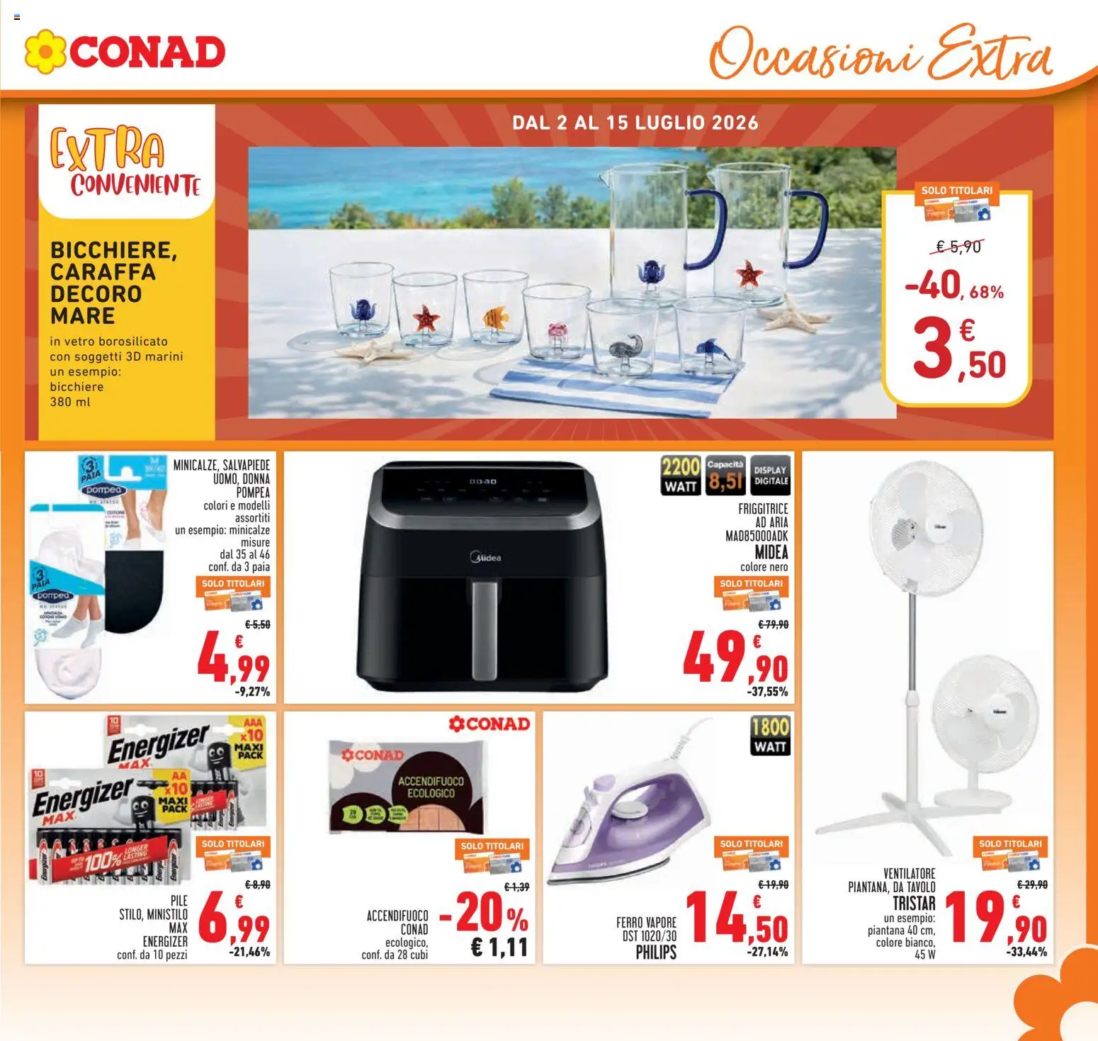 Volantino Conad del 02/07/2026 | Pagina: 19 | Prodotti: Pile, Ventilatore, Caraffa, Friggitrice ad aria