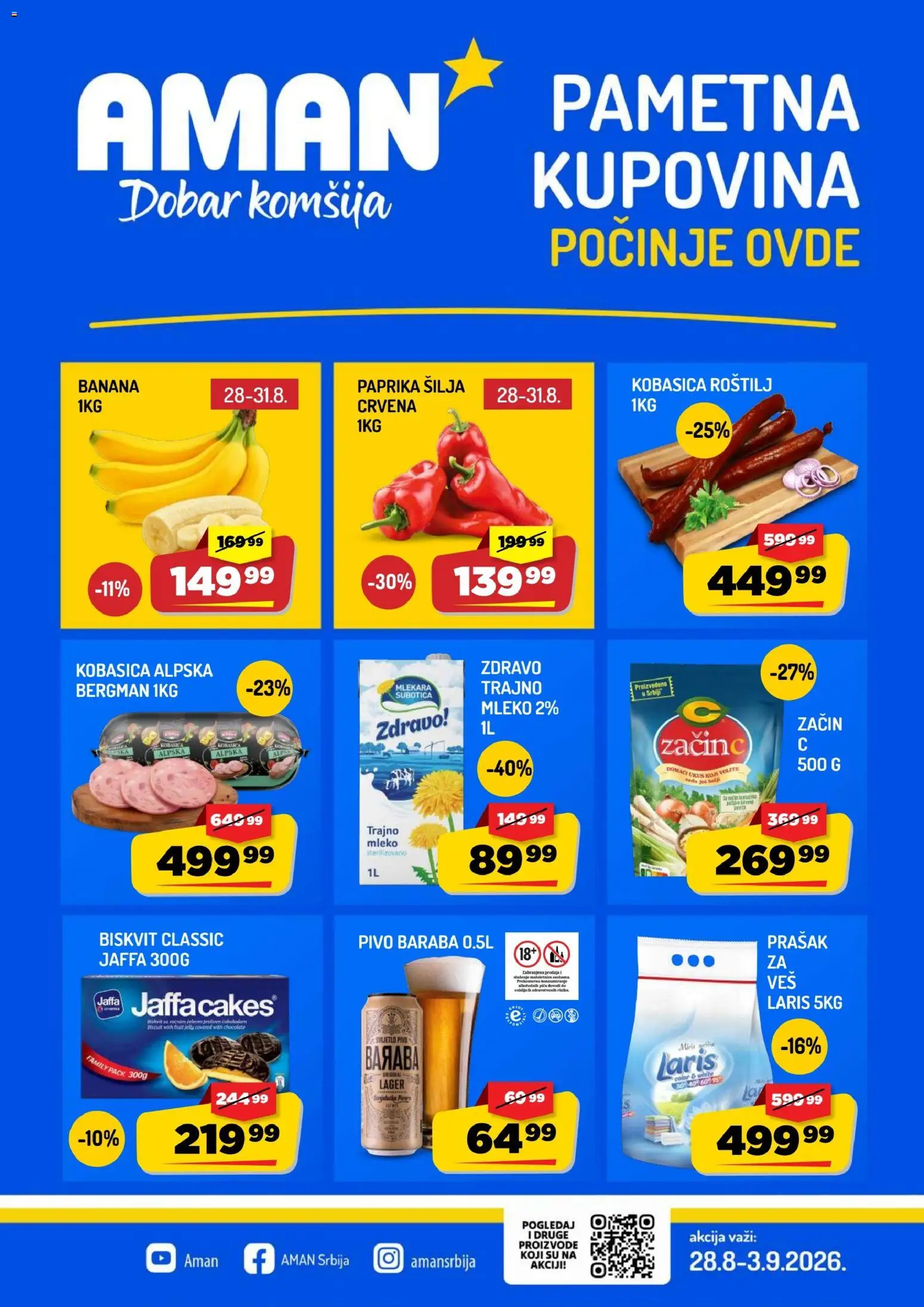 Aman katalog - važi od 28.08.2026 | Strana: 1 | Proizvode: Crvena paprika, Mleko, Pica, Kobasica